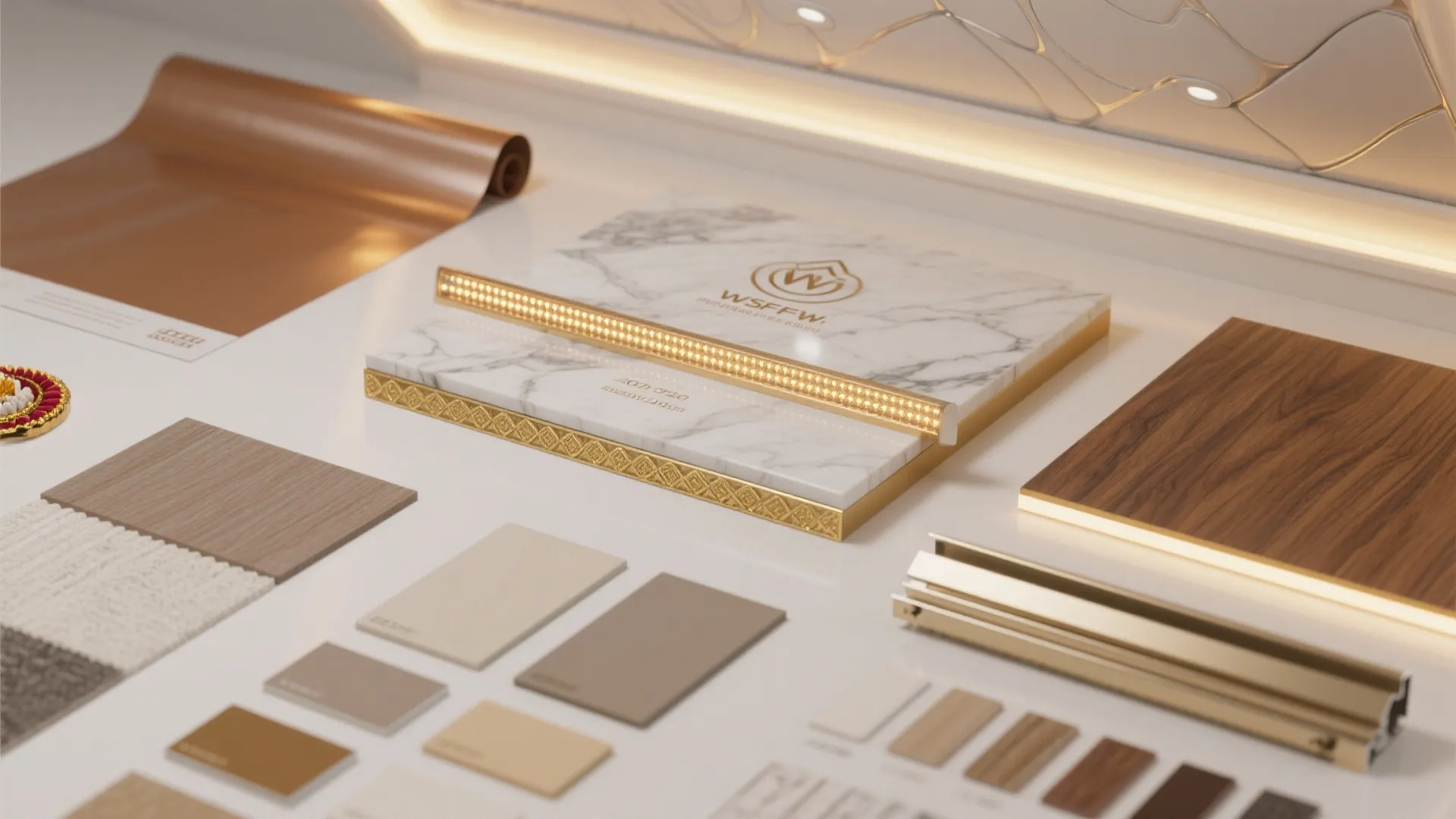Interior design material board with marble tile wood sample gold trim and various color swatches