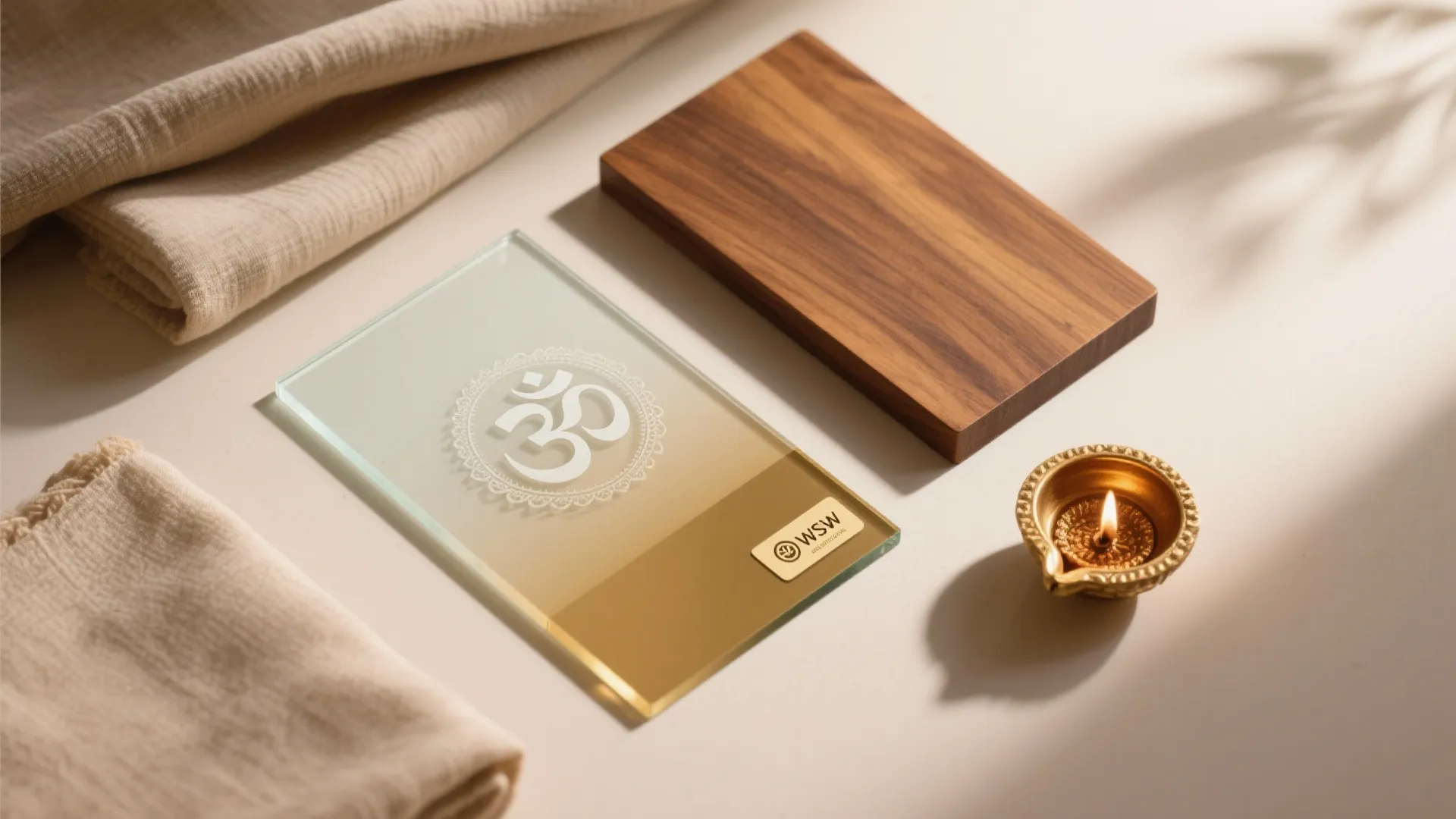 Flat lay of frosted gradient glass, brass, warm wood, and fabric for a pooja corner.