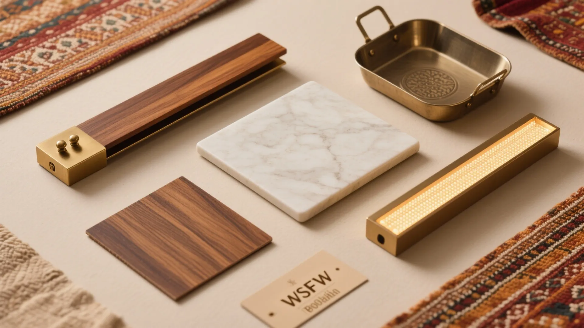 Flatlay of walnut veneer, teak, brushed brass, dhurrie swatch, porcelain slab, LED diffuser, and safety tray.