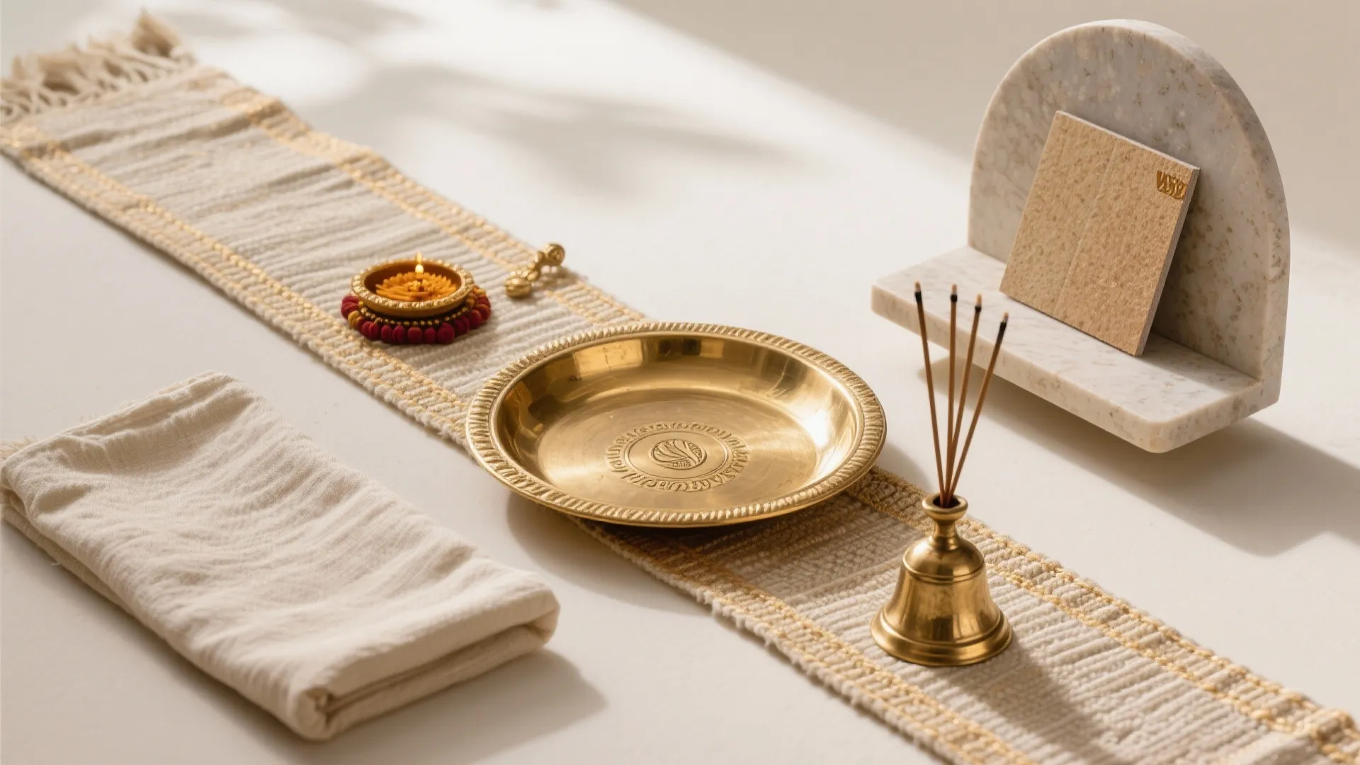 Layered Ritual Surface: Thali, Runner, and Bell Shelf
