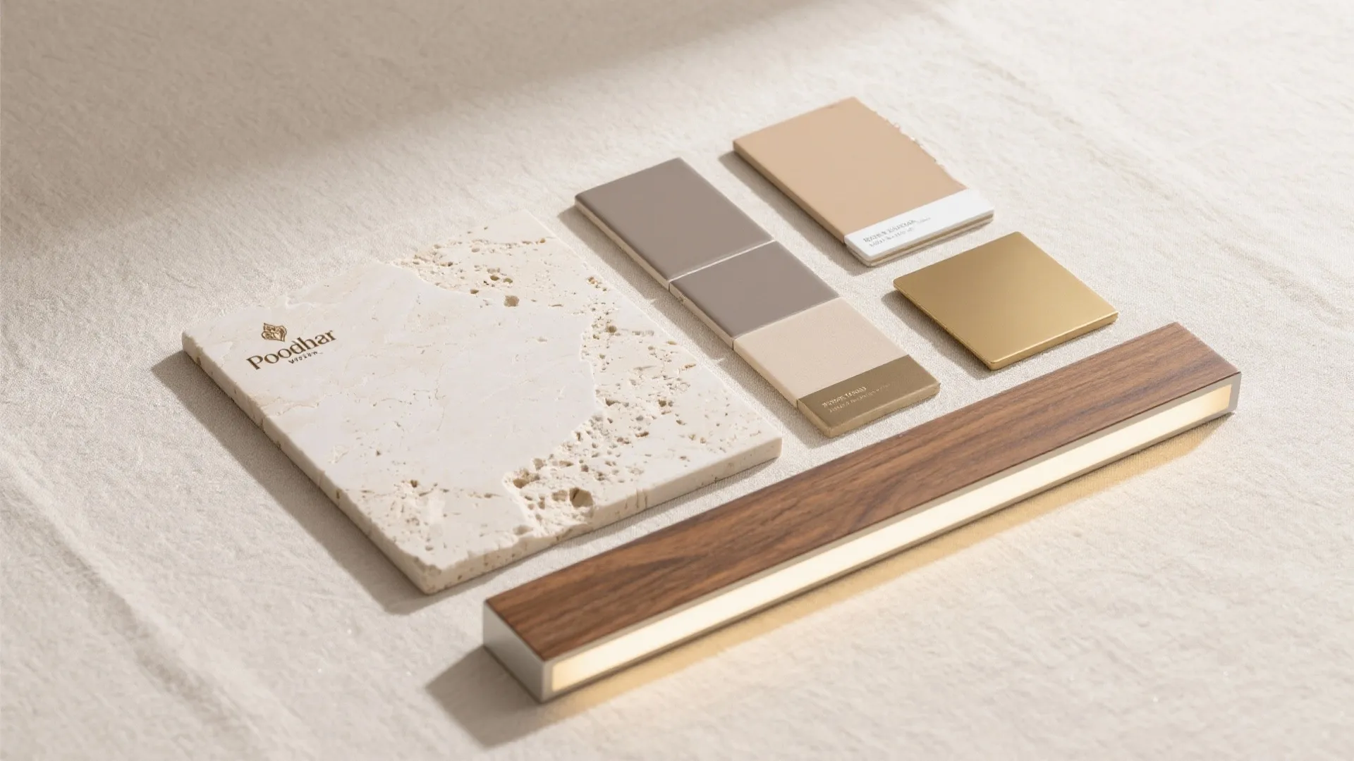 Interior design material board with stone tile wood sample metal plate and color swatches on fabric