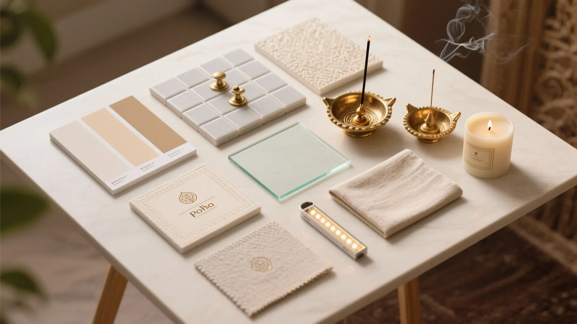[
  {
    "items": [
      {
        "url": "https://coohom-biz-sg-s3.coohom.com/ins/static/article/pooja-material-flatlay-1762319518393010400.jpg",
        "alt": "Interior design material samples with beige colors white tiles glass fabric brass bowls and candle"
      }
    ]
  }
]