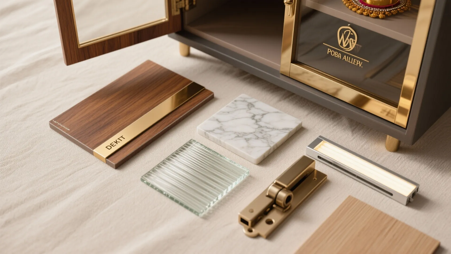 Interior design material samples showing wood board marble tile glass panel and gold metal hardware pieces