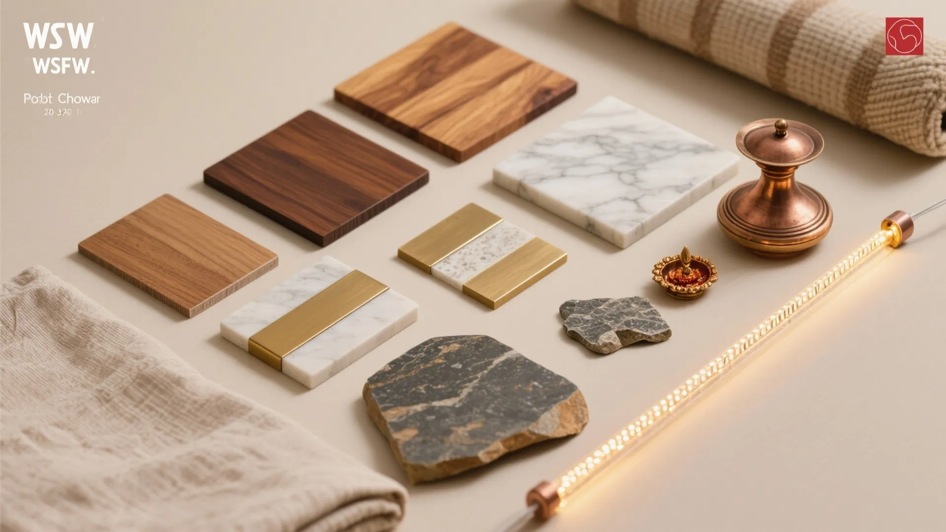 Flat lay of wood, brass, marble, stone, linen, and warm LED samples for pooja chowki.