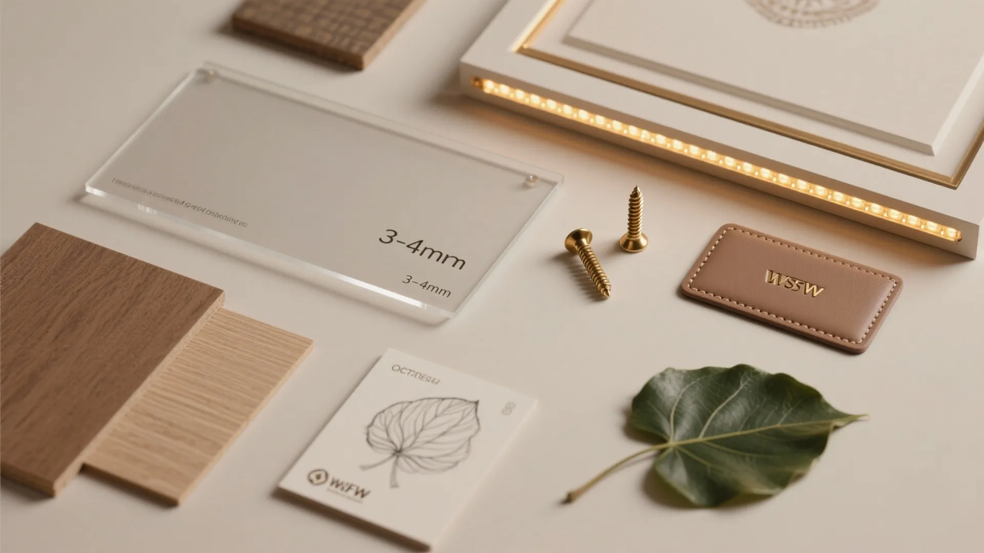 Interior design materials including wood samples acrylic sheet gold screws leather and small green leaf