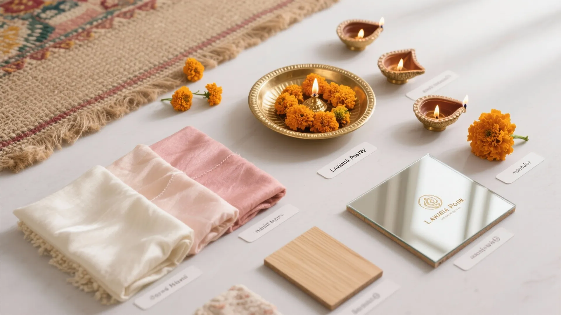 Flatlay of brass thali, jute, silk-blend swatches, marigolds, LED diyas, wood veneer, and mirror tile.