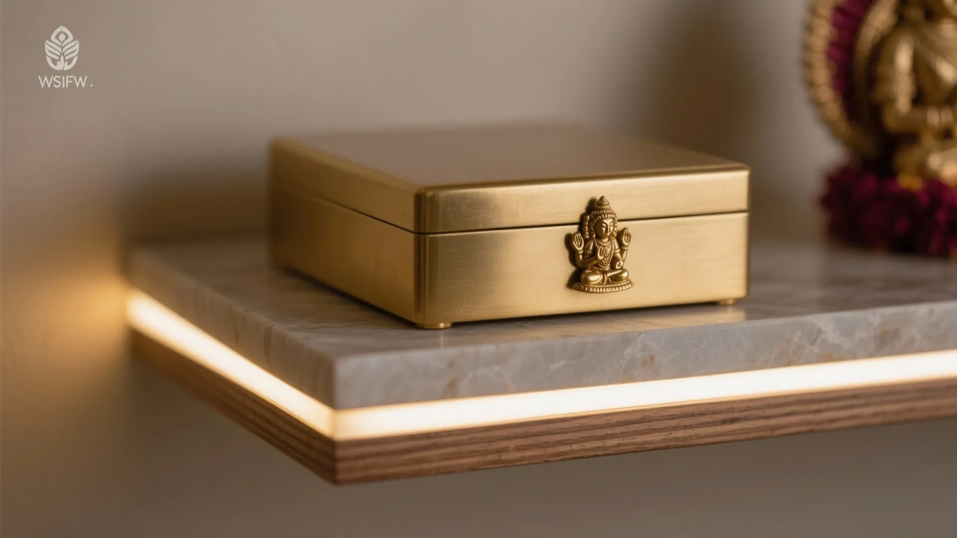 A small gold metal box with decorative figure sits on a marble shelf with light