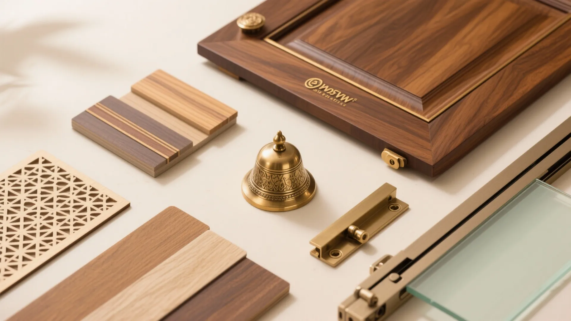 Collection of interior design materials including wood panels brass bell metal latch and glass samples