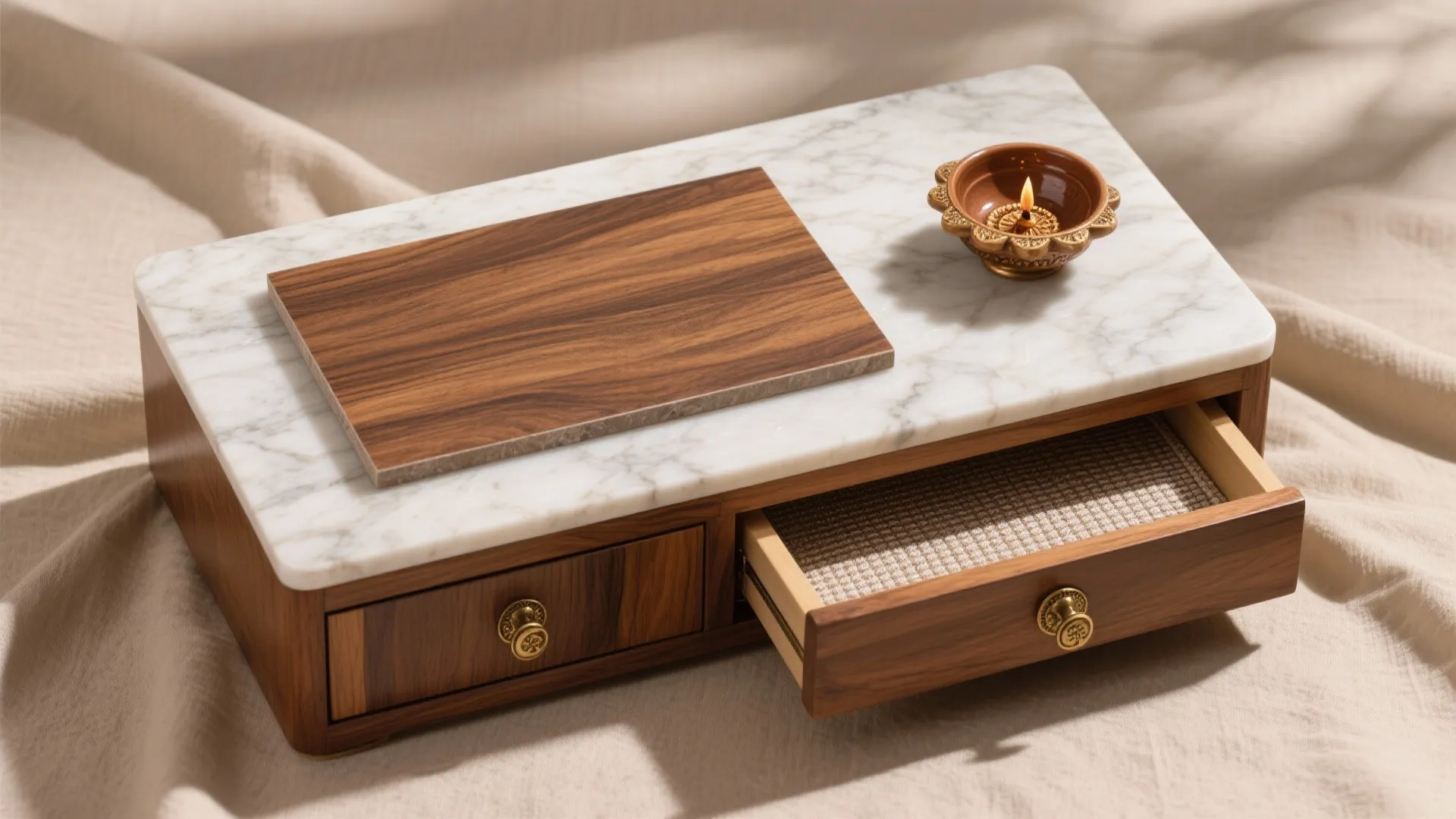 Small wooden cabinet with white marble top featuring an open drawer and one burning lamp