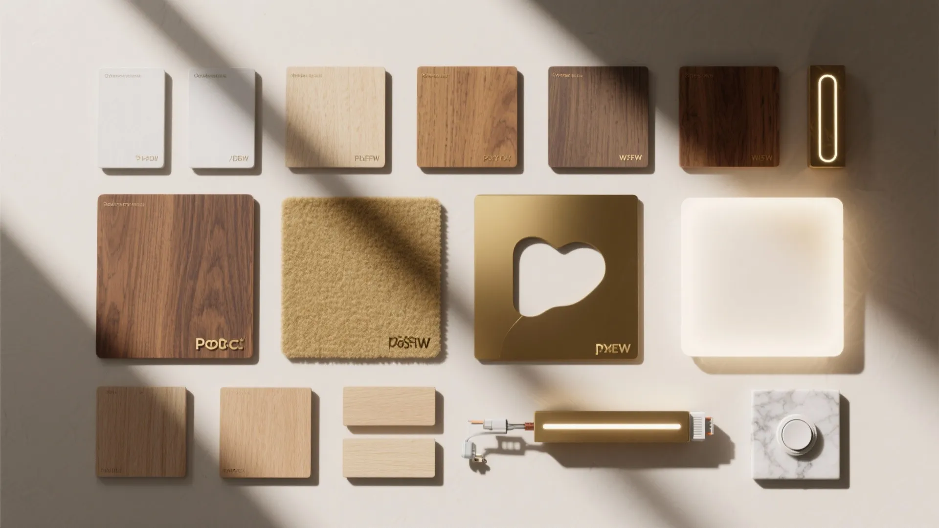 Interior design material board with wood samples fabric swatches light fixtures and marble switch plate