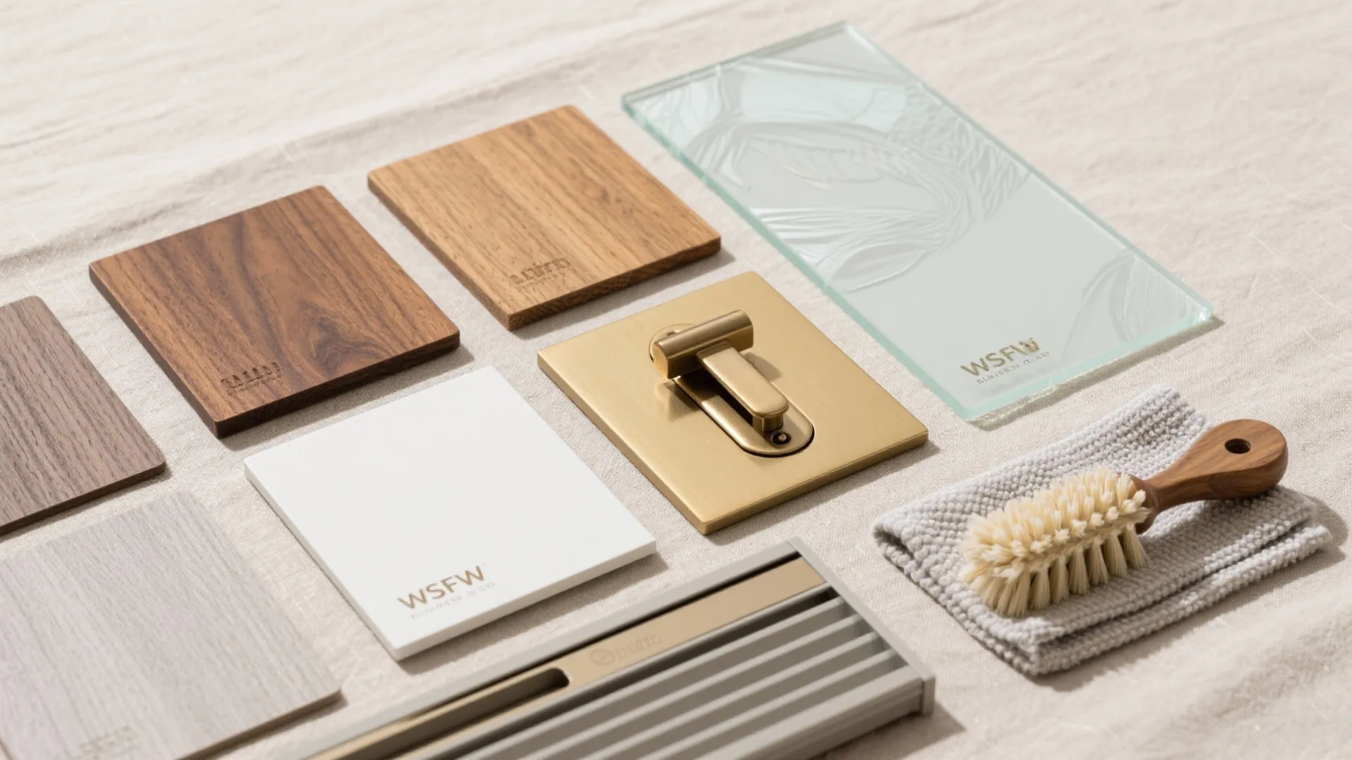 Interior design material samples with wood pieces glass tiles metal handle and a small brush