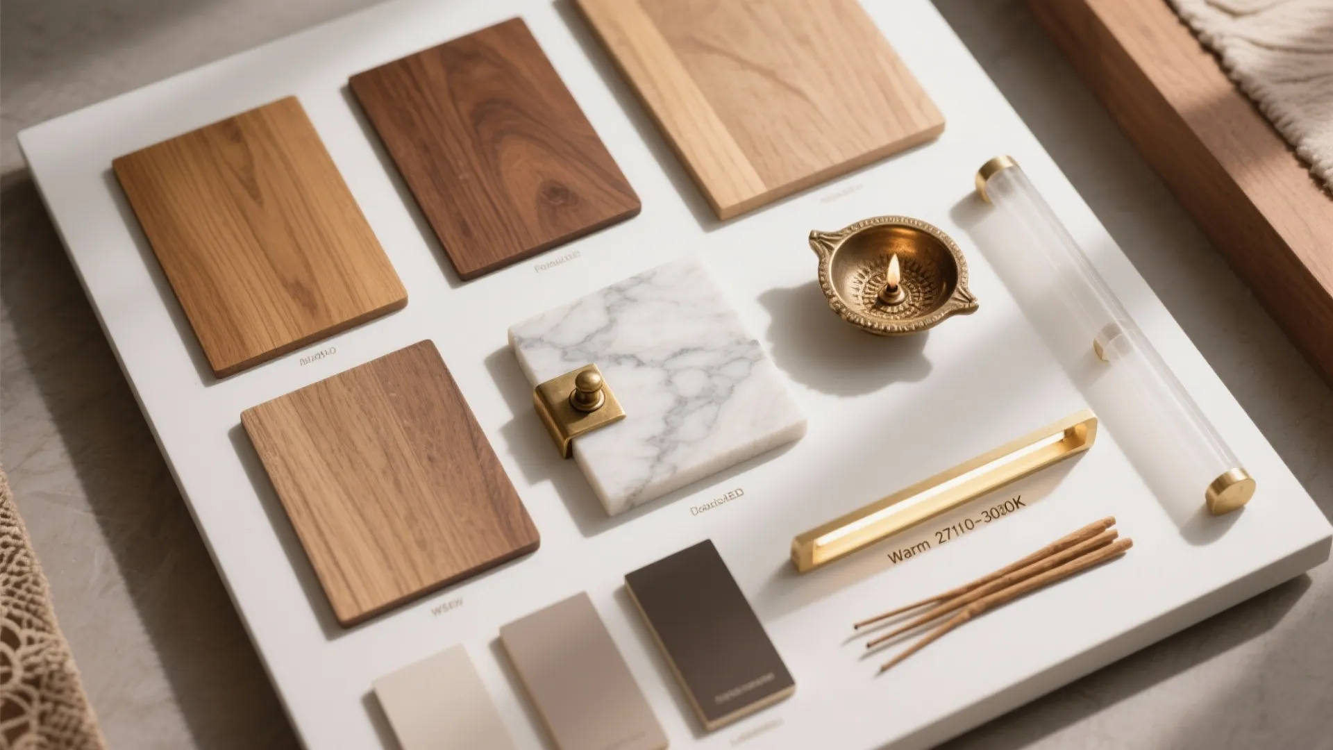 Mood board with wood samples marble piece brass light fixture and incense sticks for interior design
