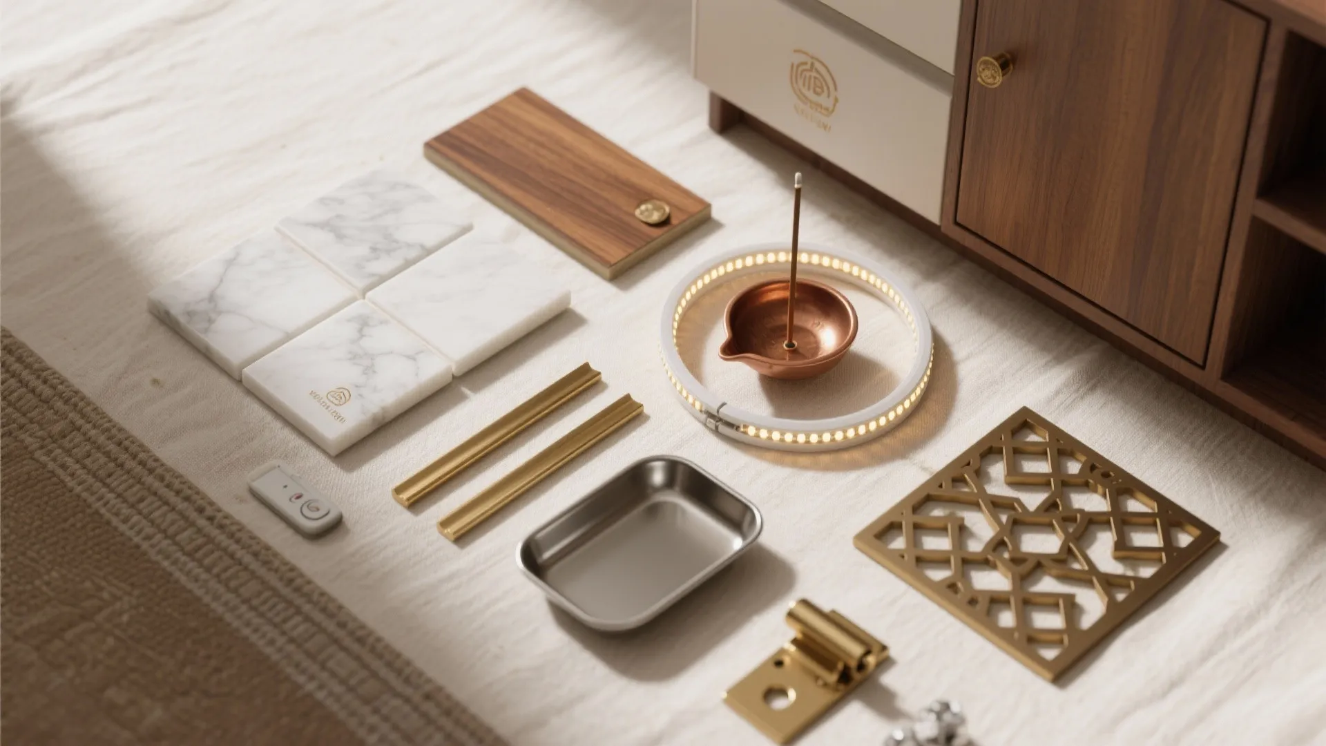 Interior design materials including white marble tiles wood samples metal hardware and a small light fixture