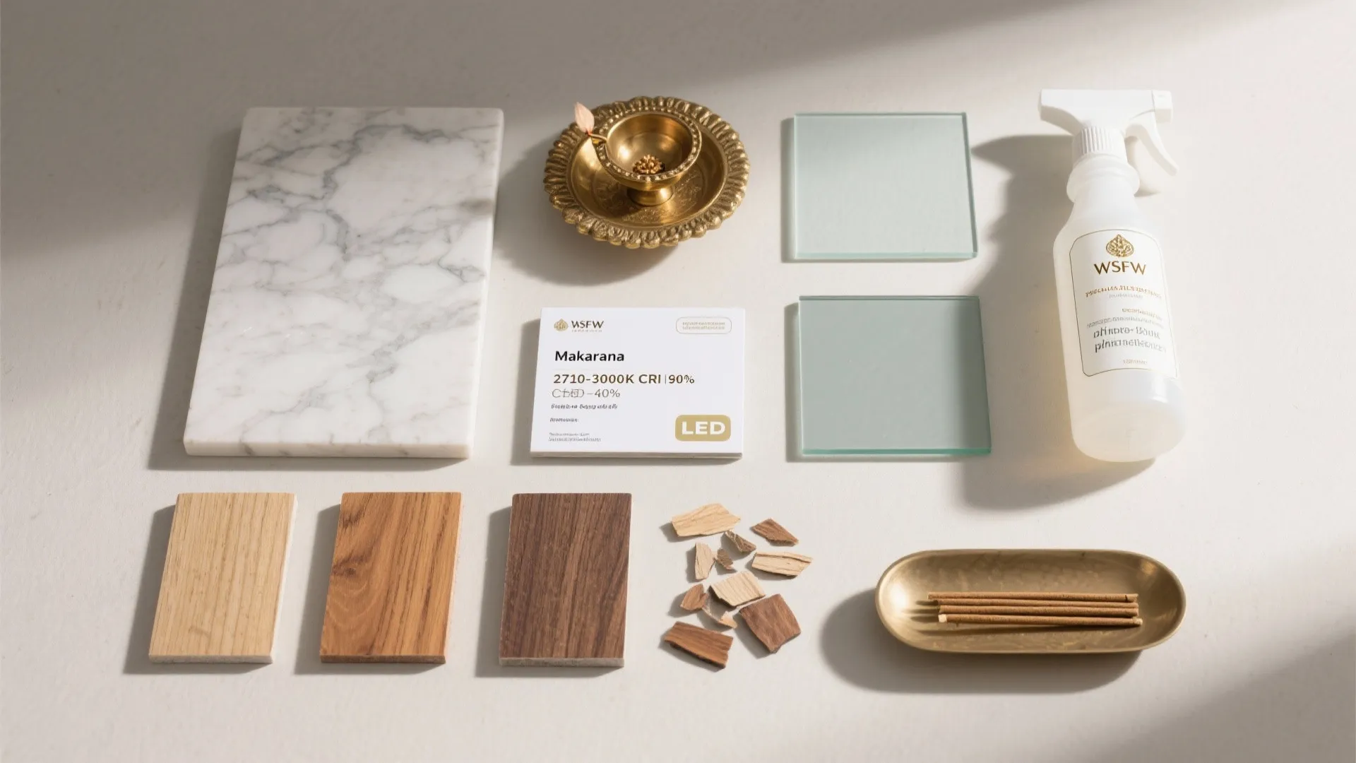 Interior design materials including marble slab wood samples glass tiles brass bowl and incense sticks