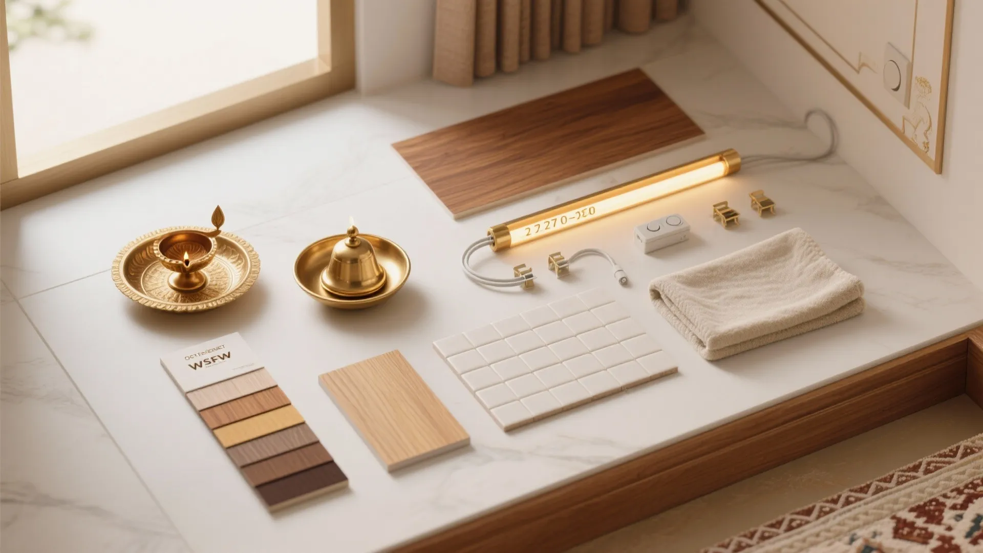 Interior design material board showing wood samples white tiles gold light fixture and brass bowl