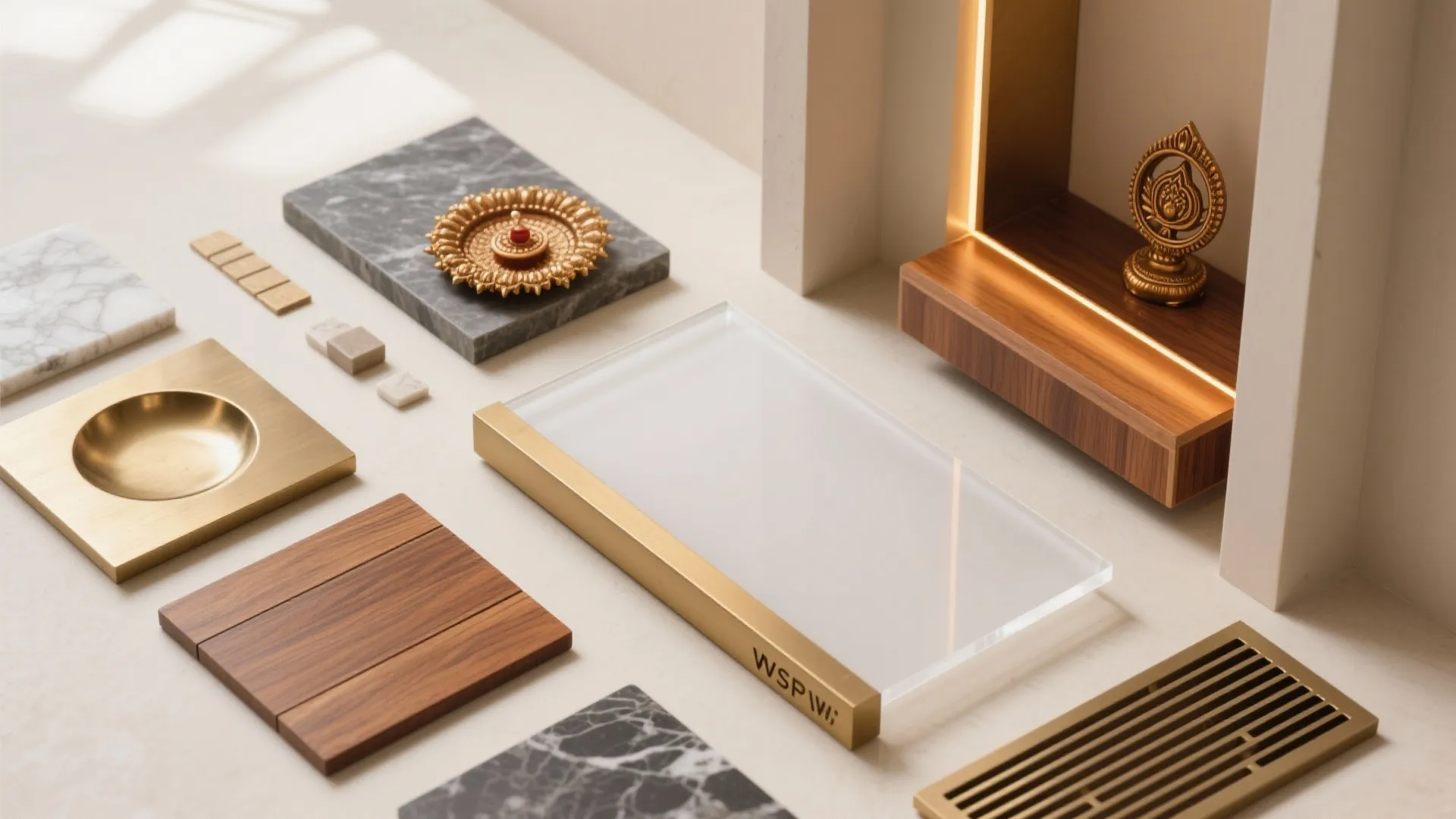 Flatlay of quartz, brass, wood veneer, diffuser, and warm LED for pooja alcove.