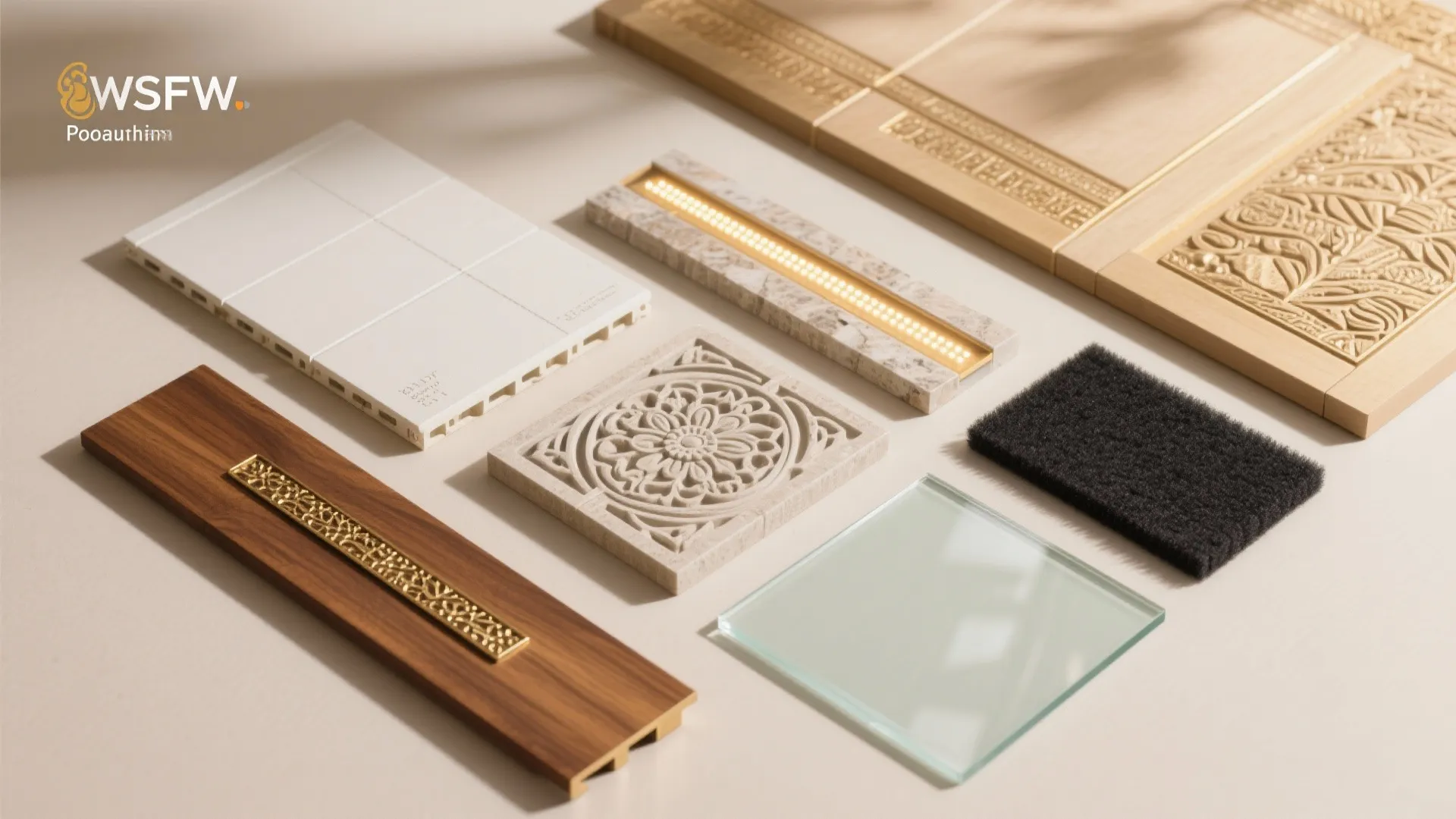 Flatlay of pooja ceiling materials: gypsum, oak, brass, stone, LED, frosted glass, acoustic fleece.