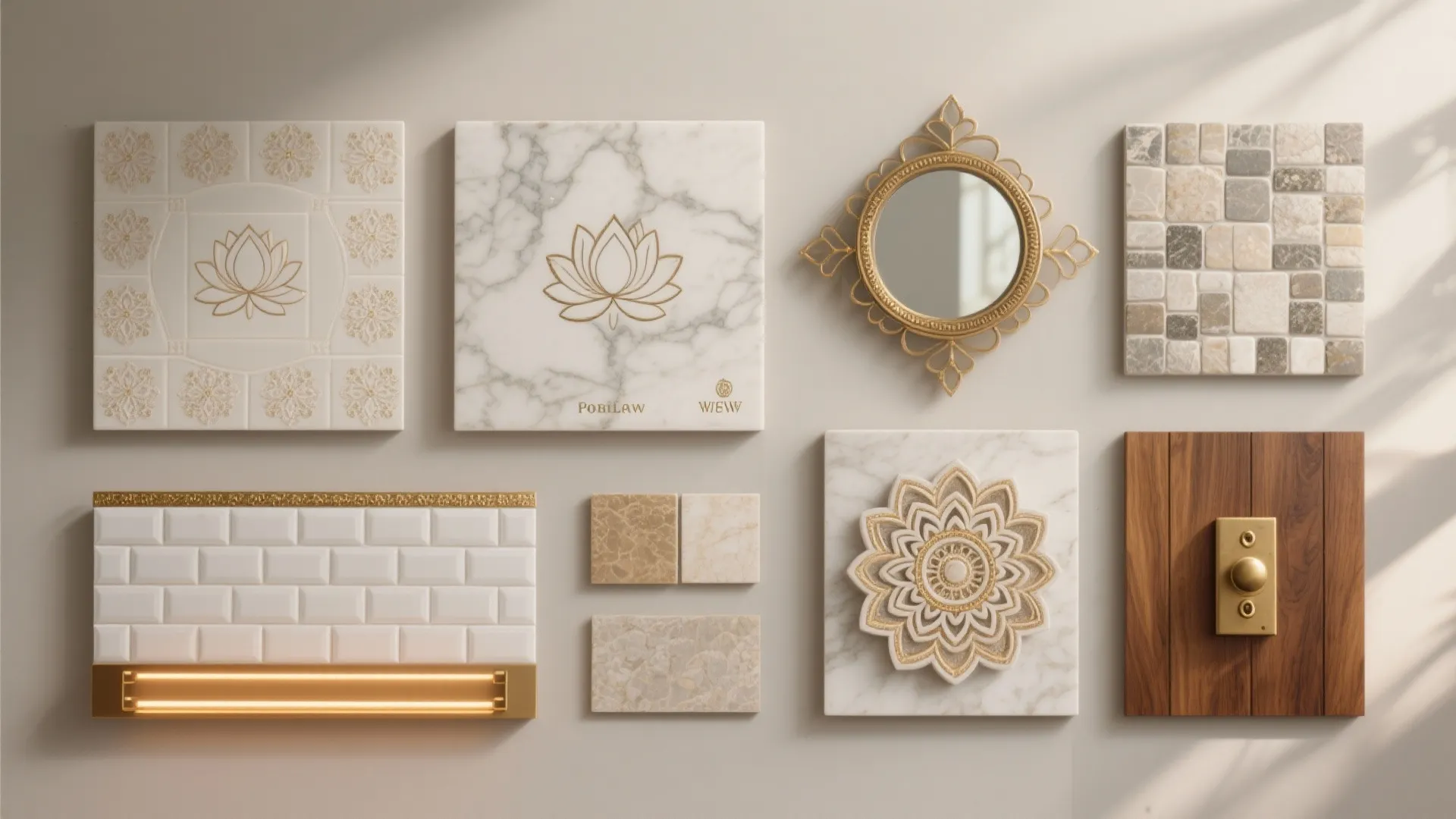 Flatlay of tile samples and finishes: matte ceramic, textured ivory, mirror-stone mosaic, subway with brass, porcelain with mandala, warm LEDs, teak, and brass.