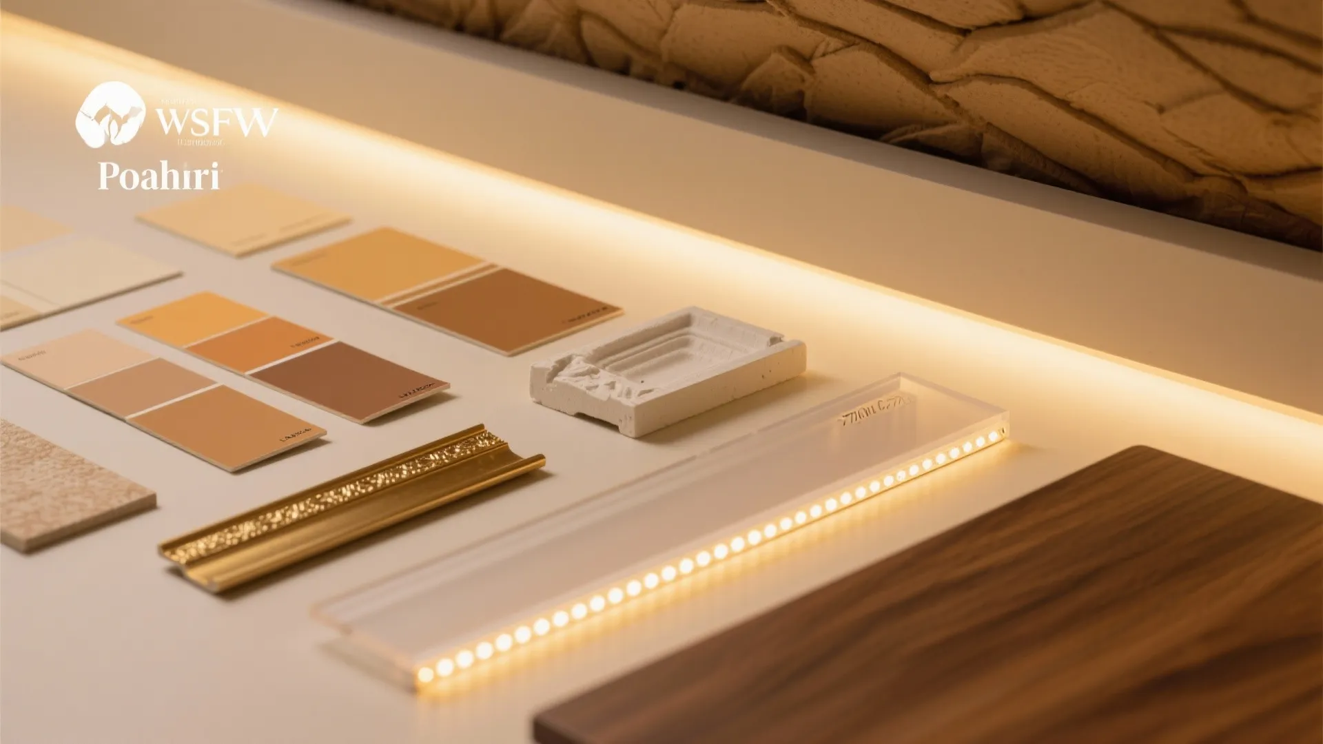 Interior design materials including color cards, wood panel, gold trim, and a small light fixture