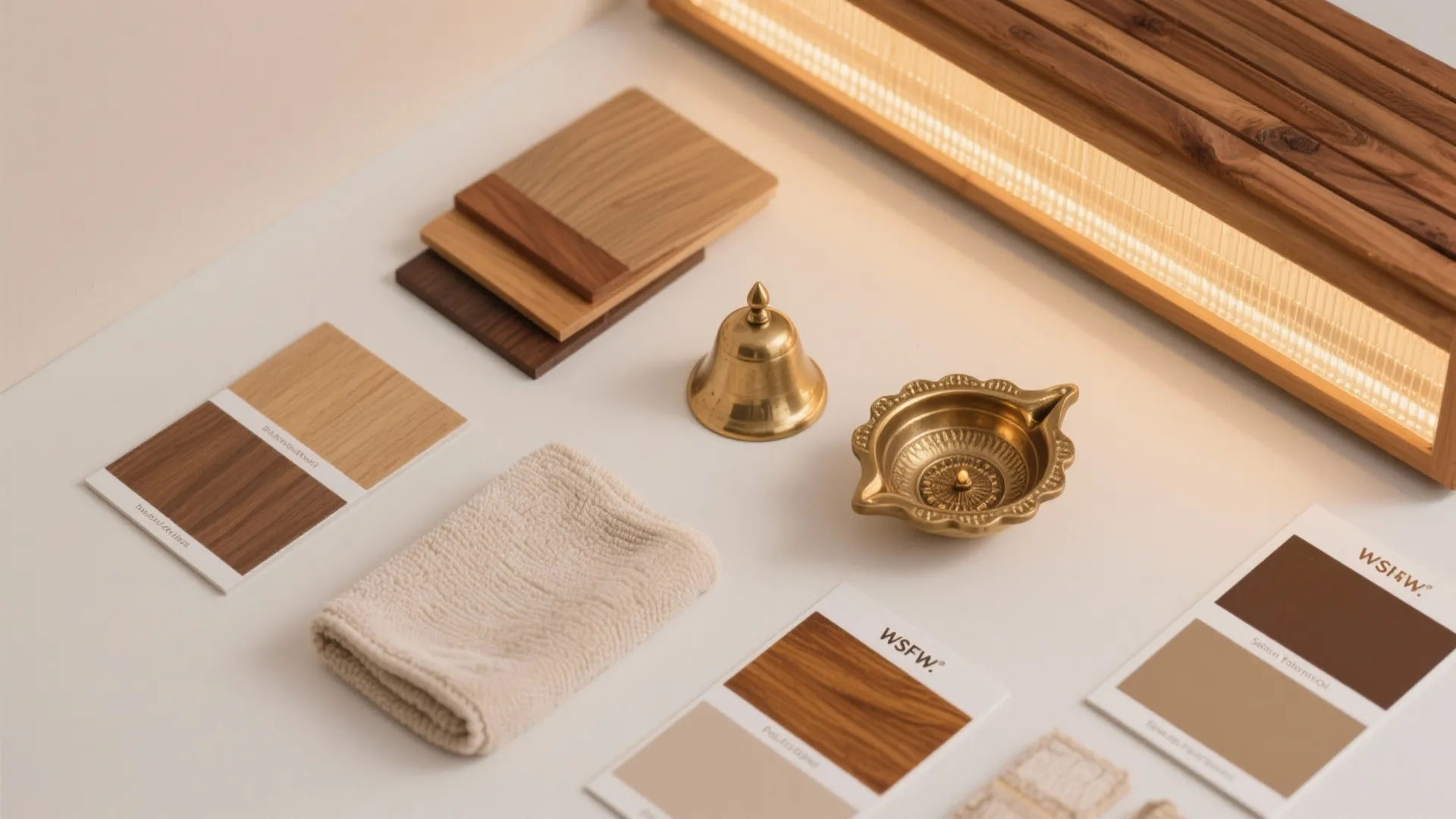 Wood samples with brass bell oil lamp and fabric cloth arranged on white desktop surface