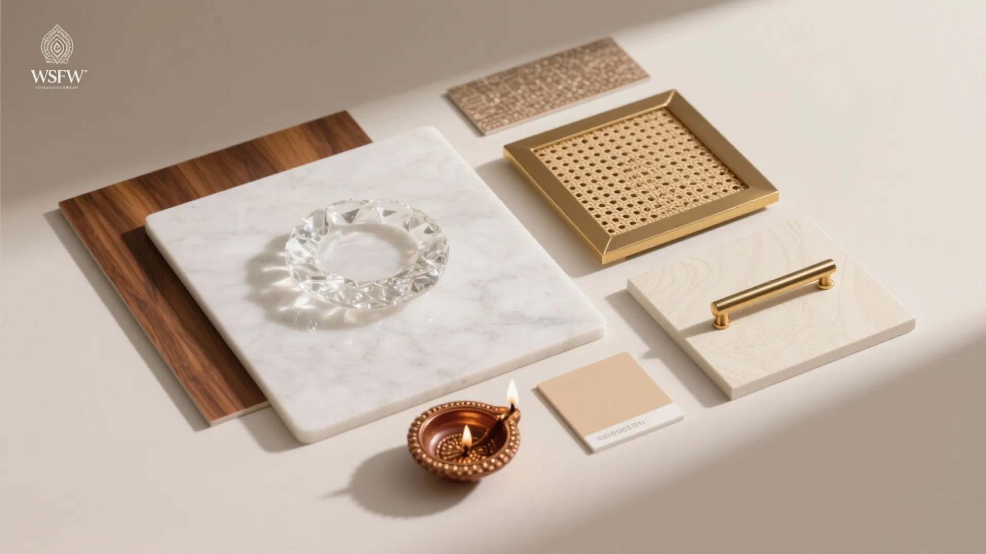 Flat lay of quartz, warm veneer, rattan, brass trim, and neutral paint chips for a modern pooja corner.