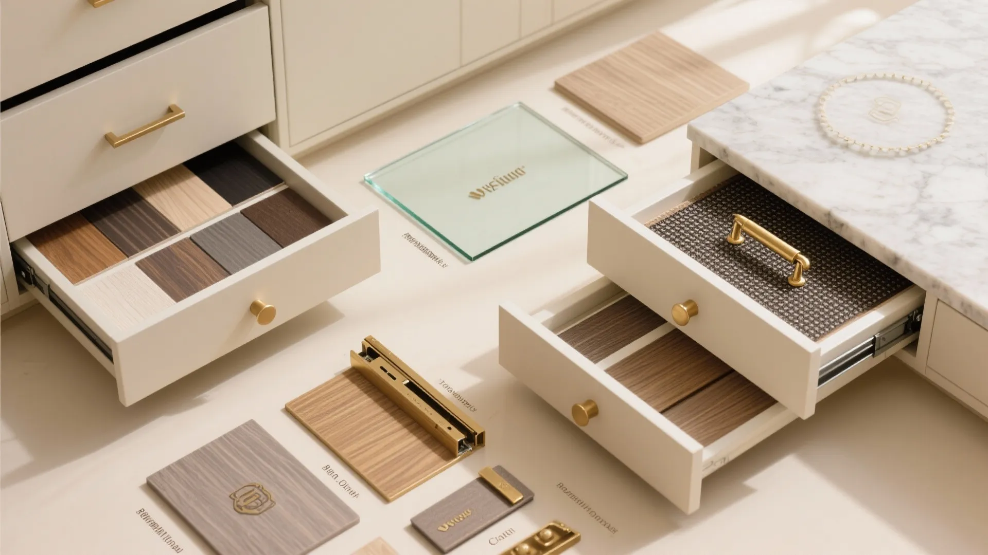 Interior design material samples including wood boards glass and marble arranged near white storage cabinet drawers