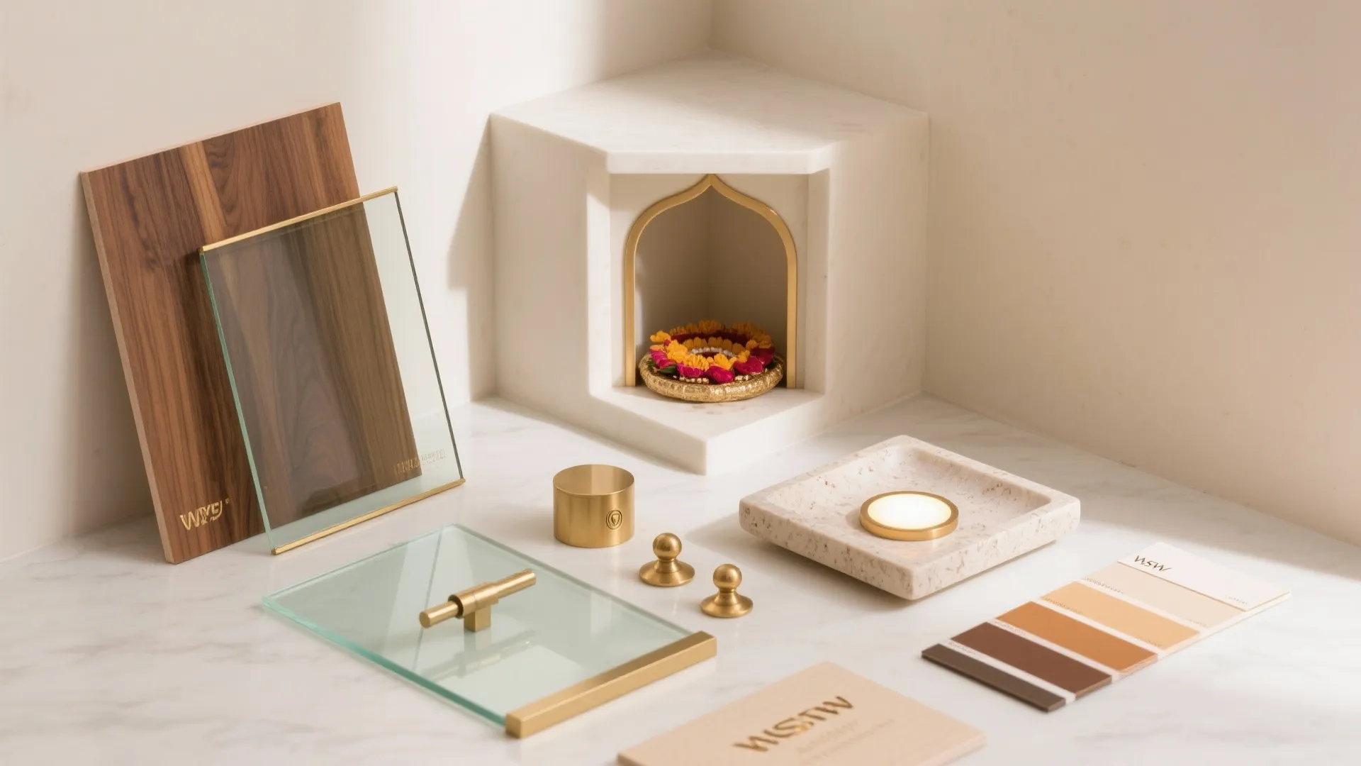 Floating Corner Shrine with Glass Back and Wood Base