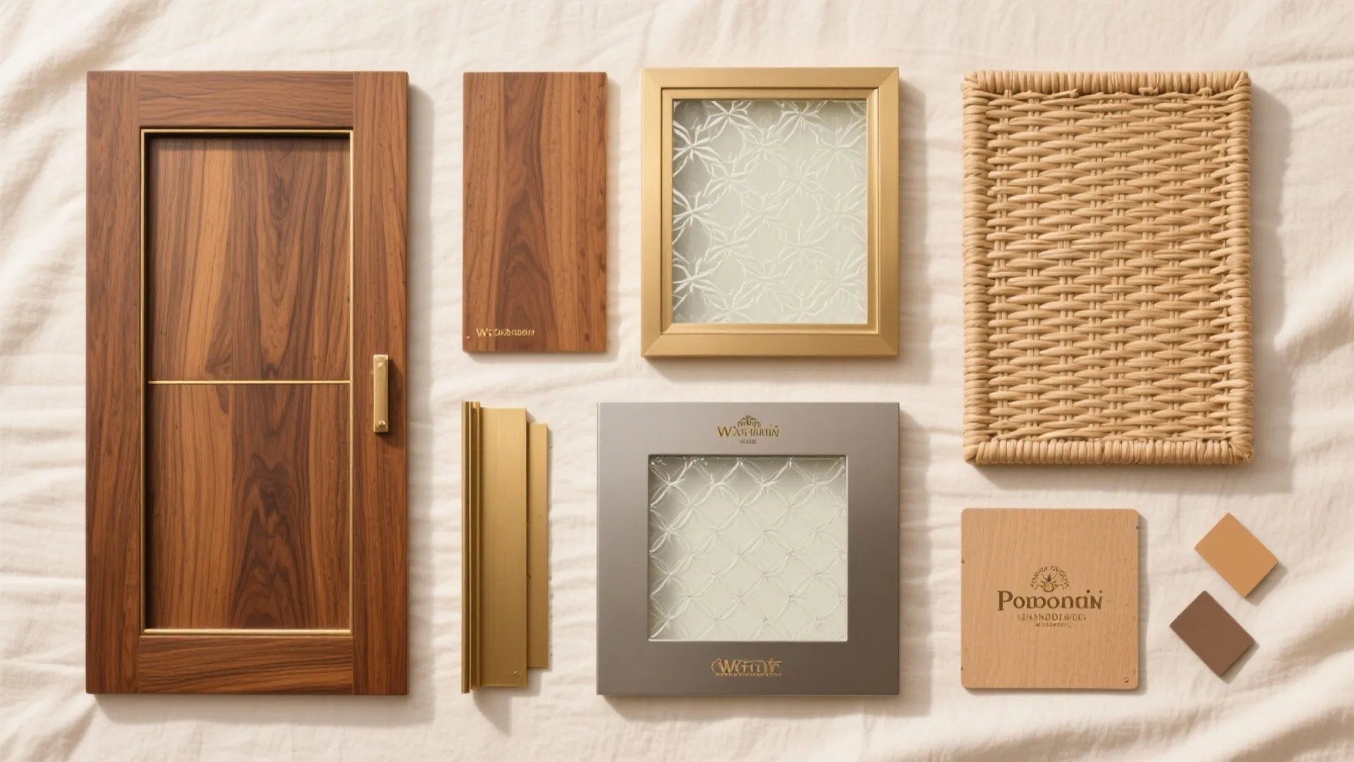 Interior design material samples including wood panels woven basket textured glass and gold metal hardware