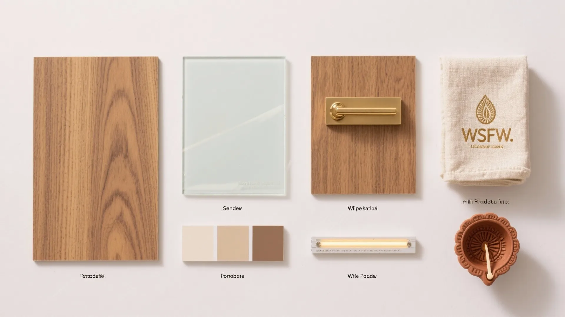 Interior design material board with wood samples glass gold handle color palette light and bowl