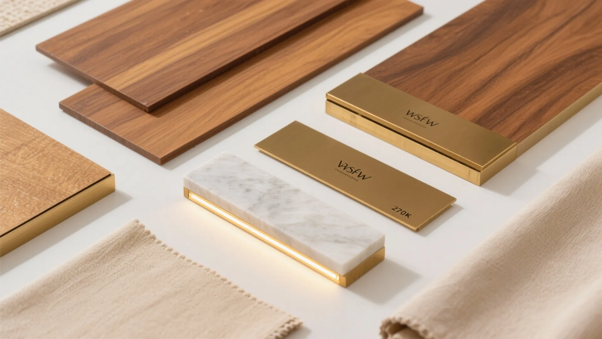Design material samples including wood boards, gold metal, marble block, and soft beige fabric swatches