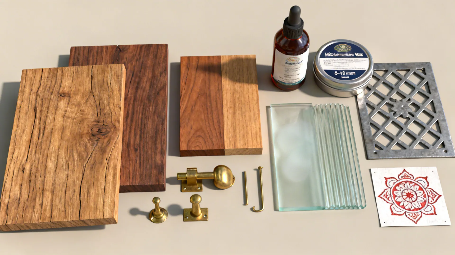 Flatlay of teak, brass hardware, glass samples, and finishes for pooja doors.