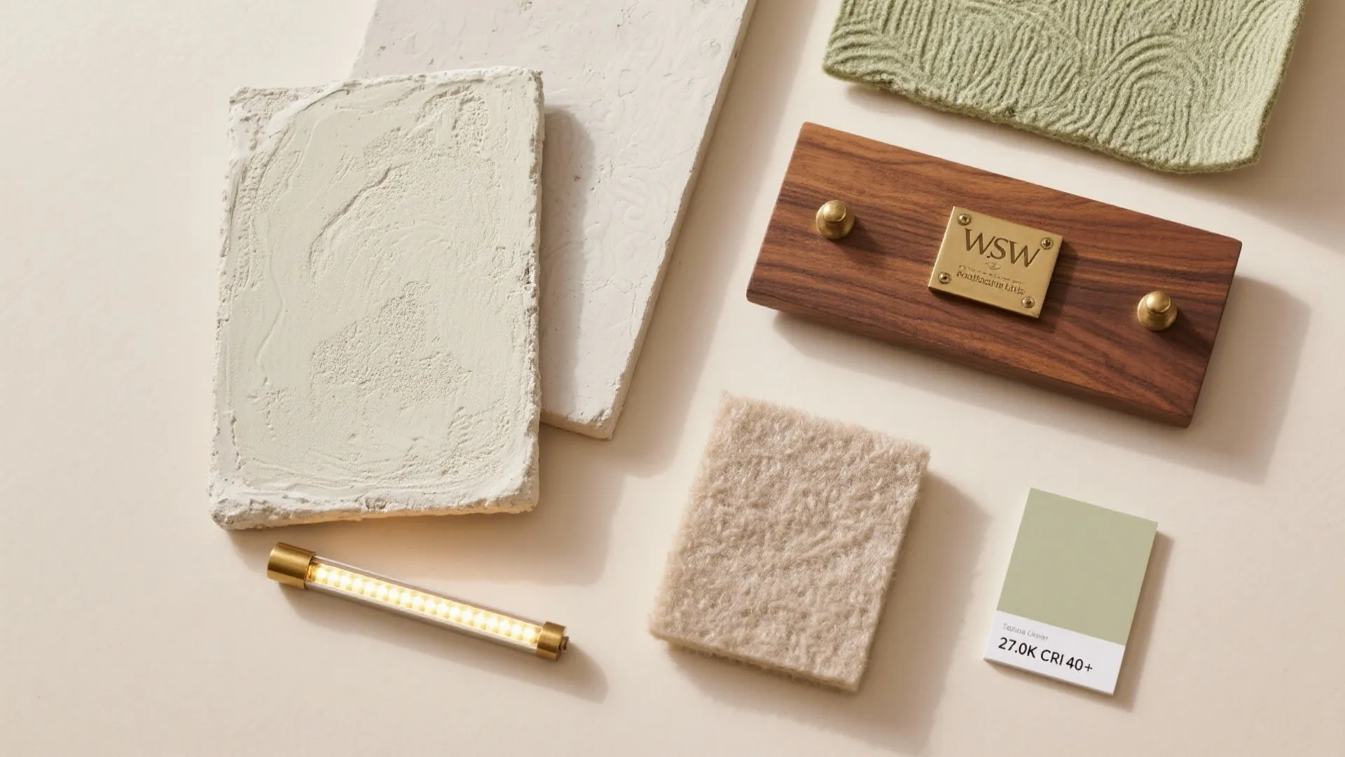 Interior design material board with wood samples stone textures green fabric and a small light