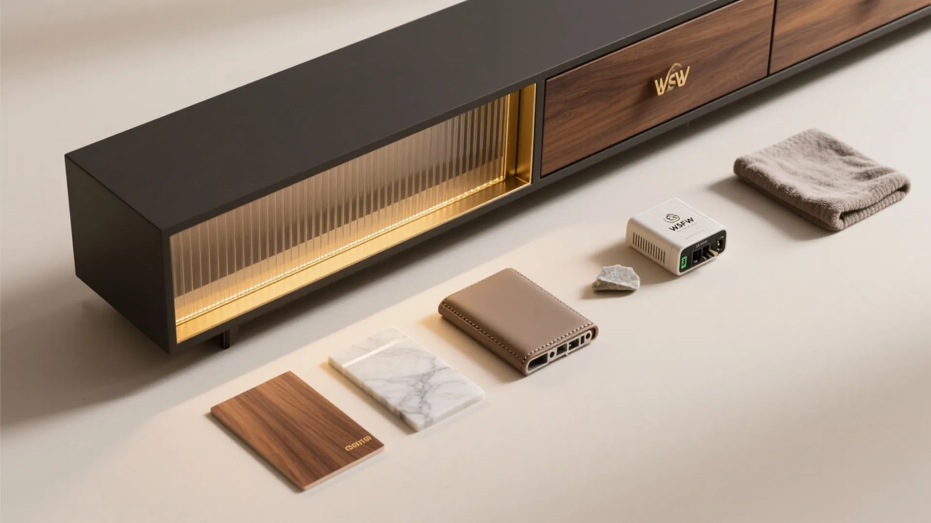 Flat lay of walnut veneer, brass inlay, LED diffuser, driver, and quartzite for a pooja unit.