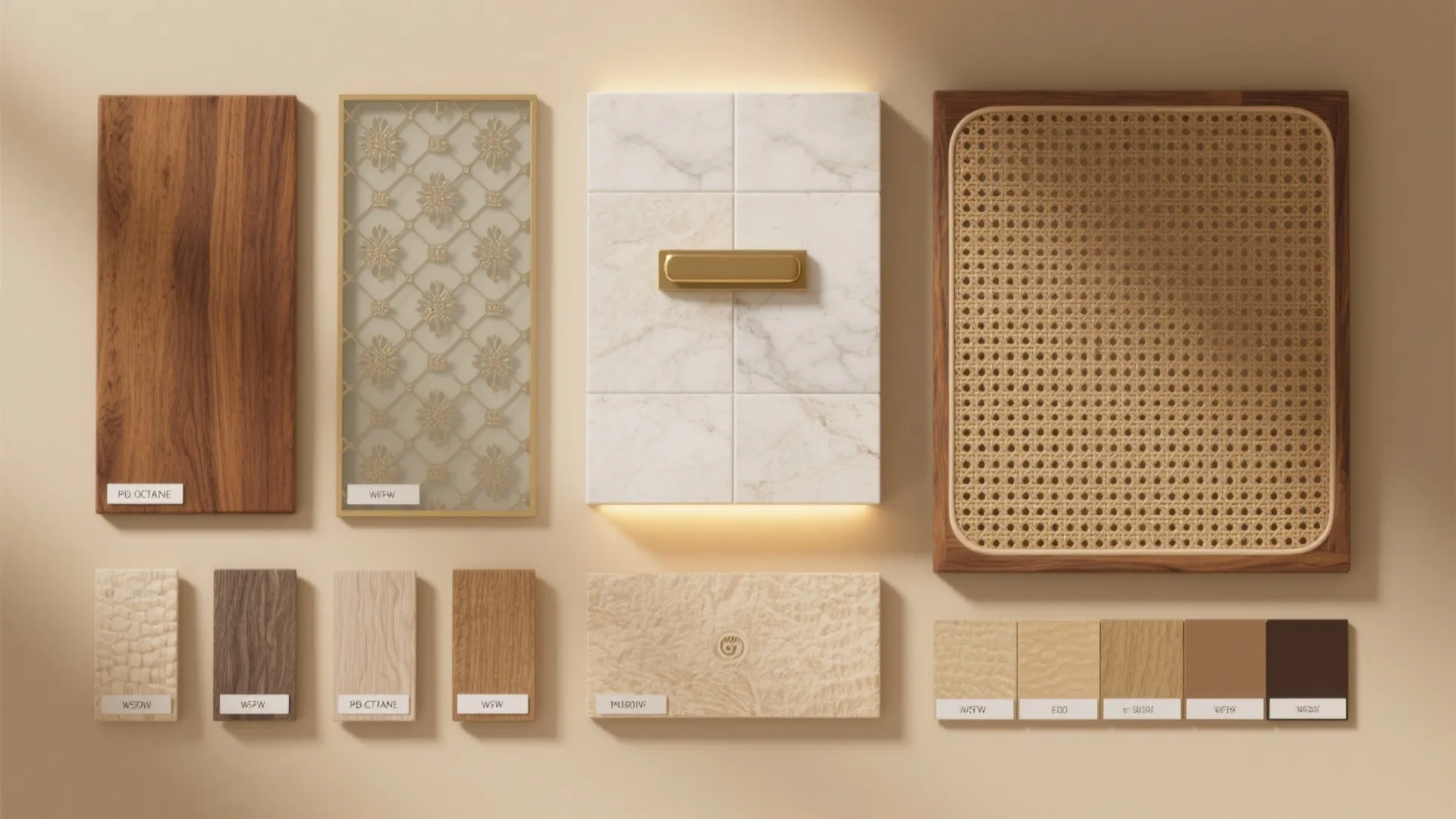 Flatlay of wood, etched glass, rattan, light stone, brass hardware, LED strip, and warm neutral swatches for pooja fronts.
