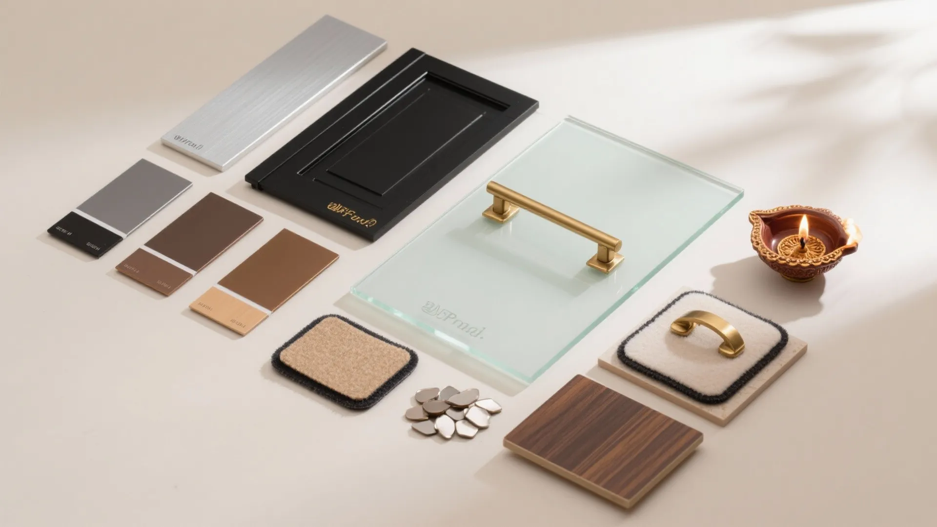Interior design materials including cabinet doors glass panels metal handles wood samples and a small lamp