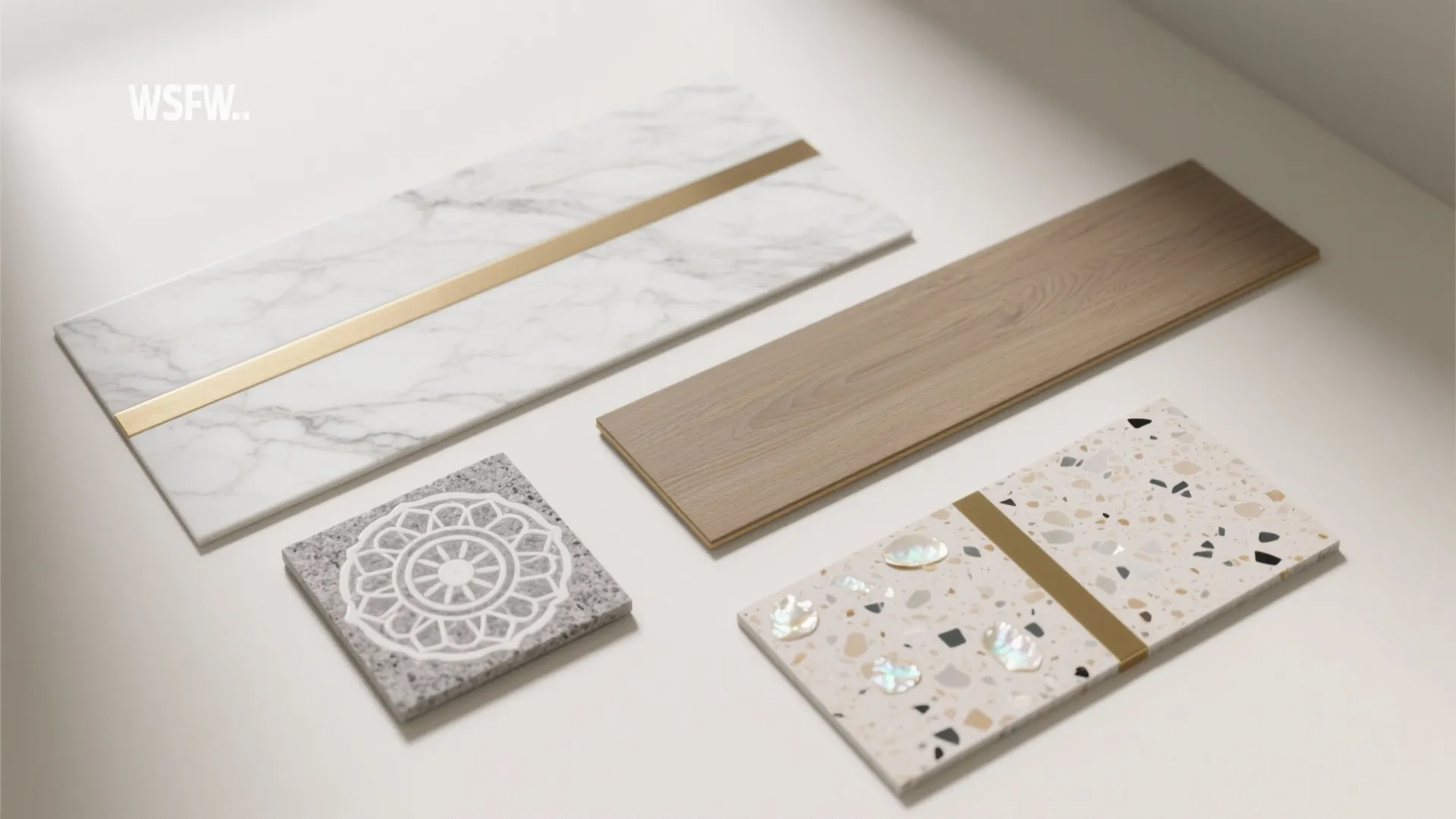 Interior design material samples including white marble wood plank grey tile and speckled stone floor pieces