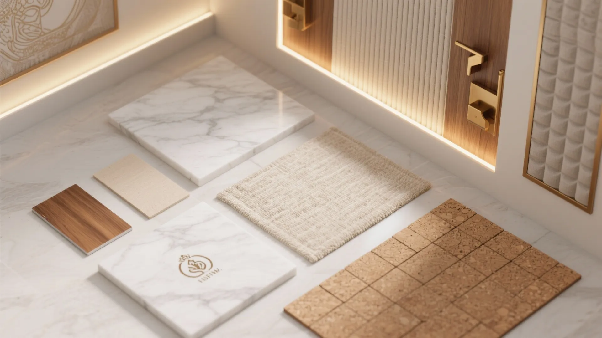 Interior design material samples including marble tiles wood piece fabric and gold cabinet door handles