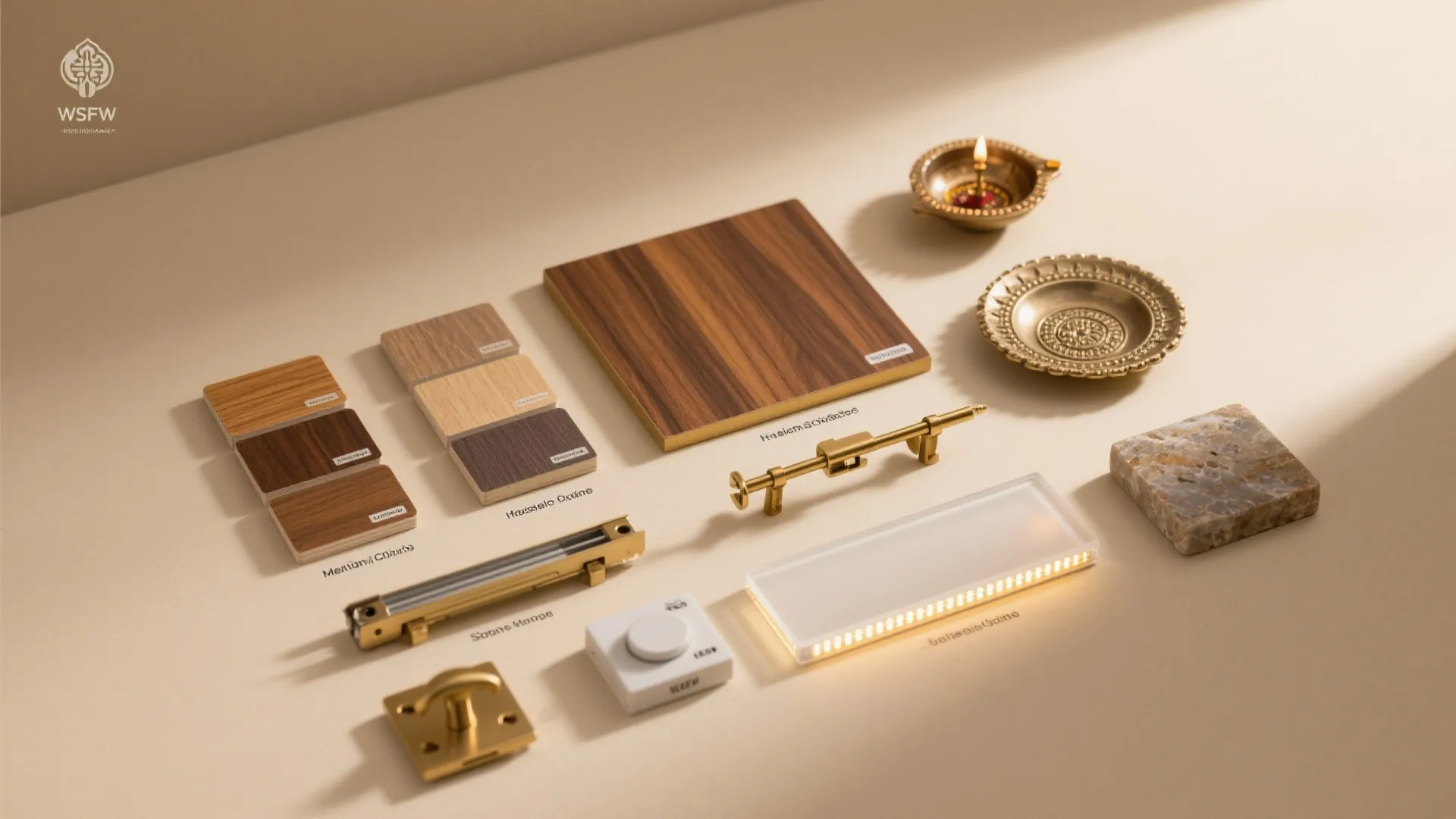 Flat lay of veneer, laminates, brass trims, hydraulic stays, LED strips, and diya plates for pooja stands.