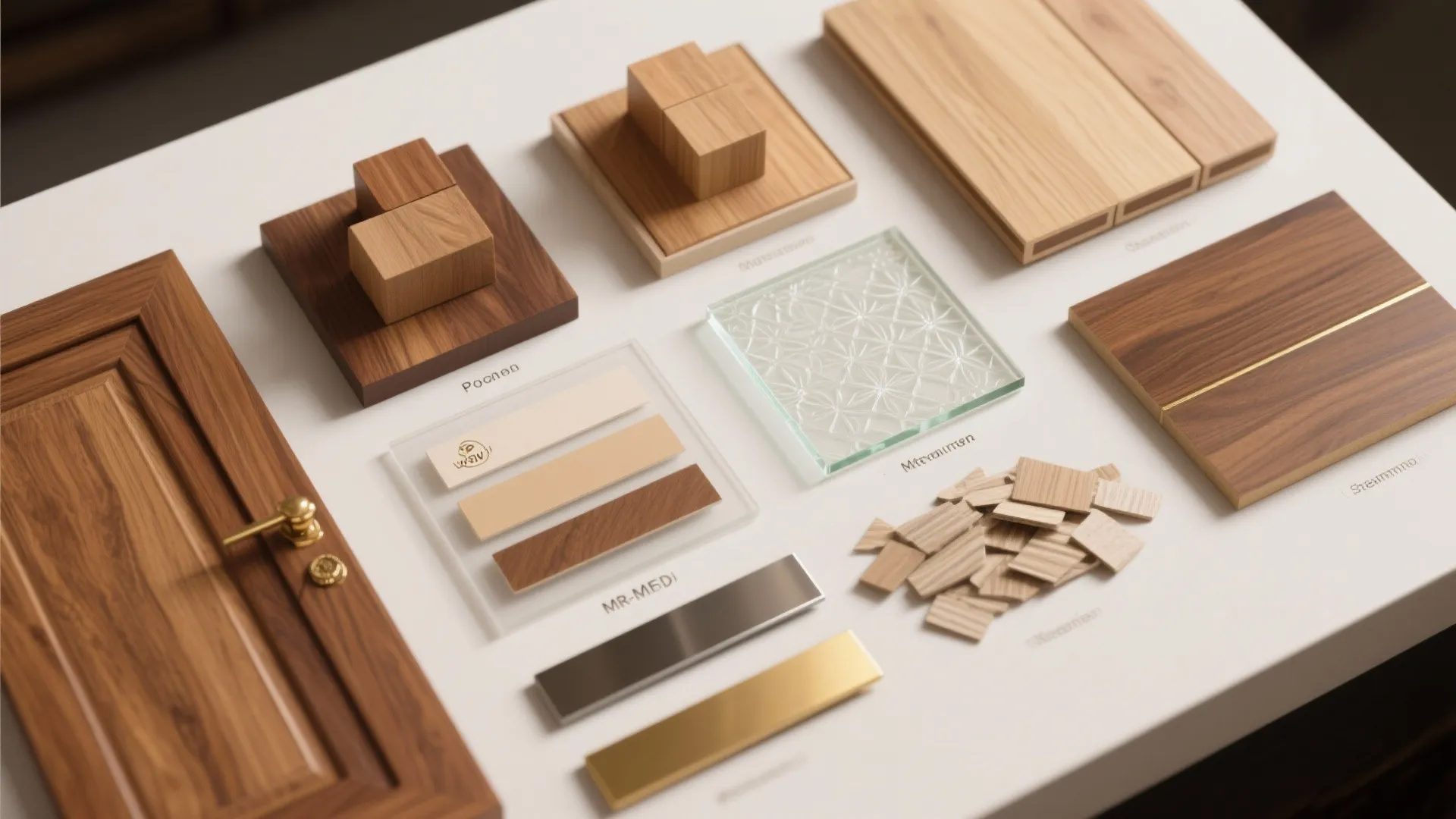 Interior design material board with wood samples glass tile metal handles and various textured surface finishes