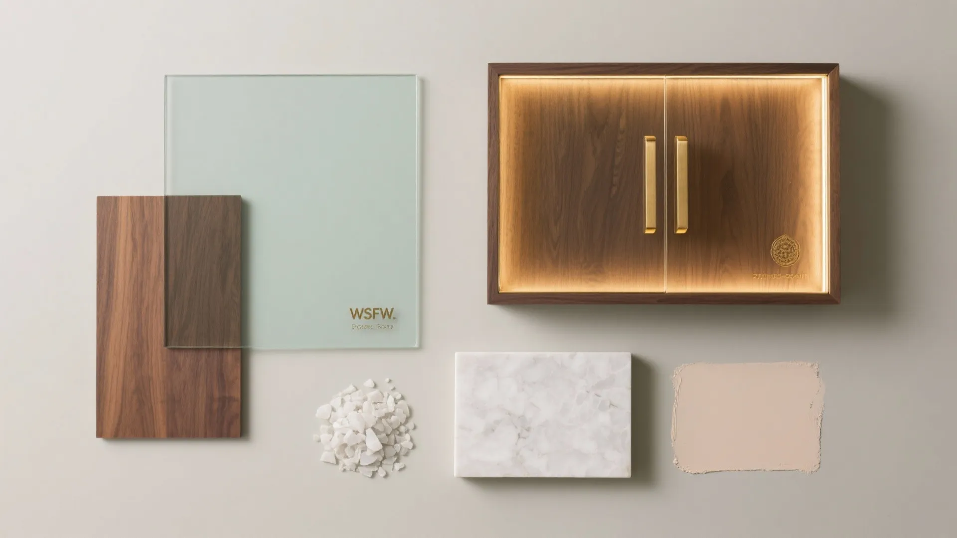 Interior design materials including wood samples glass panel marble stone and paint swatch for home projects