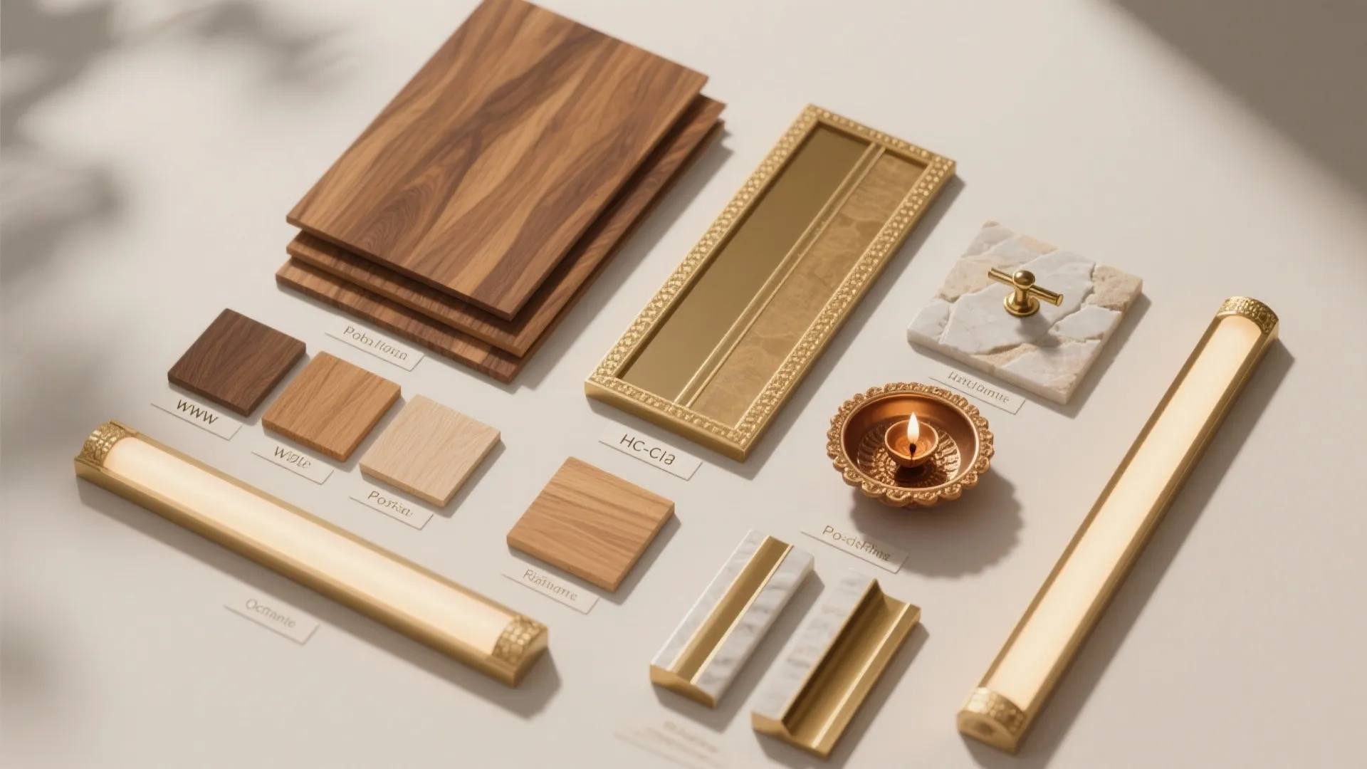 Interior design material board with wood samples gold hardware marble tiles and a small candle