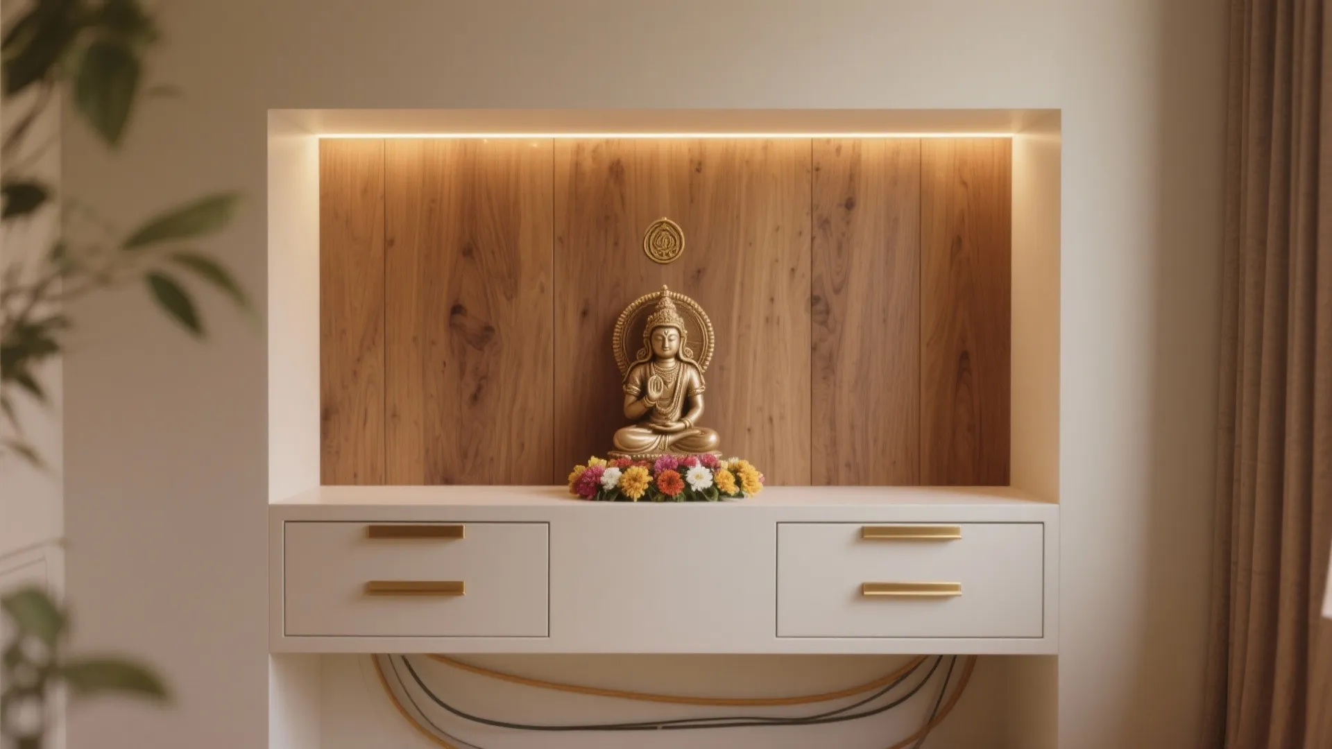 Minimal Pooja Wall with Hidden Drawers and Smart Dimming