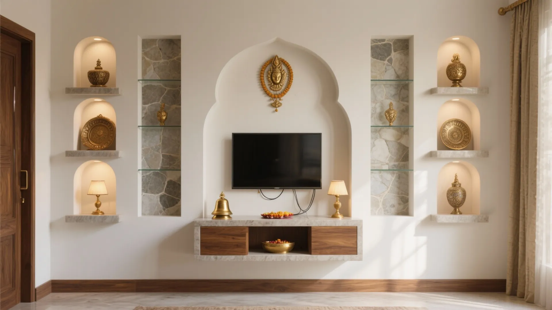 Pooja-Integrated Showcase with Symmetrical Niches