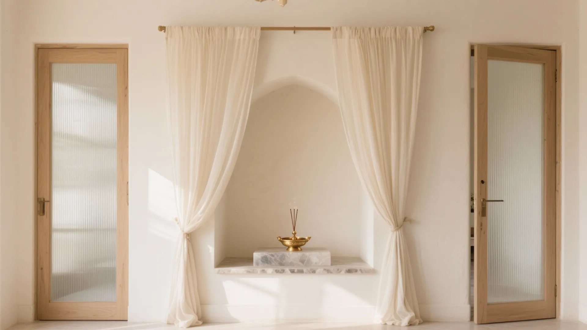 Minimalist white room with wall niche featuring white curtain and two wooden glass doors design