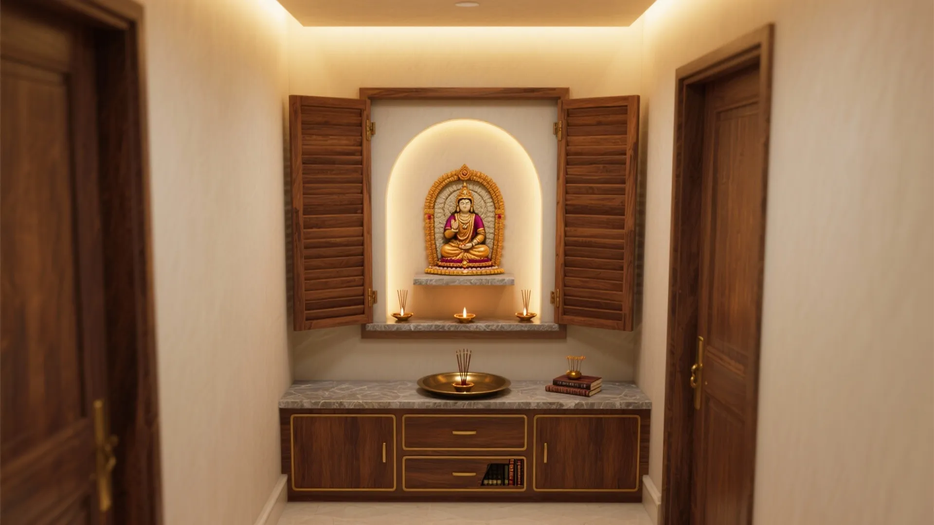 Compact Pooja Niche with Sliding Shutters