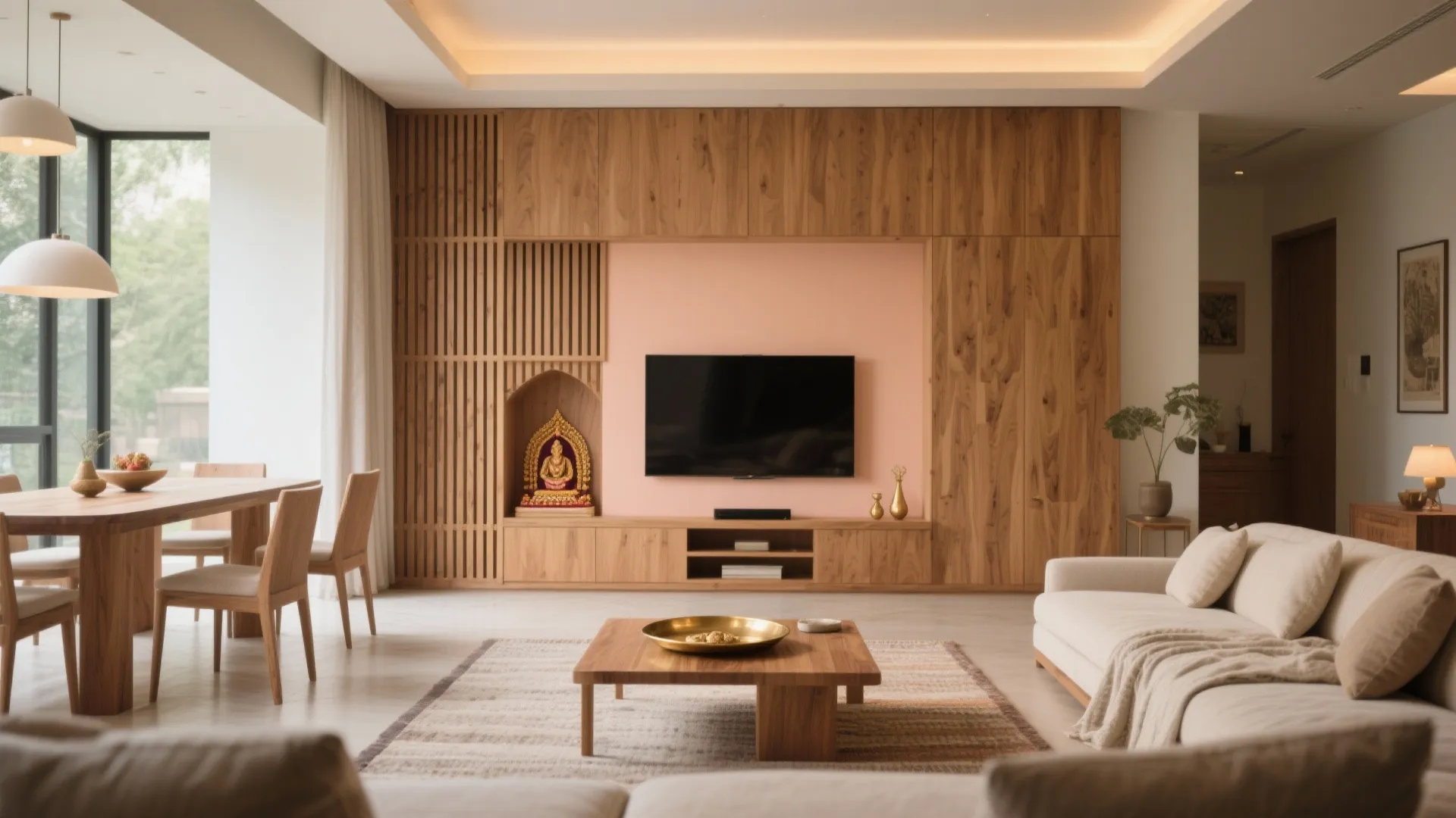 3) Open-Plan Living with a Compact Pooja Niche