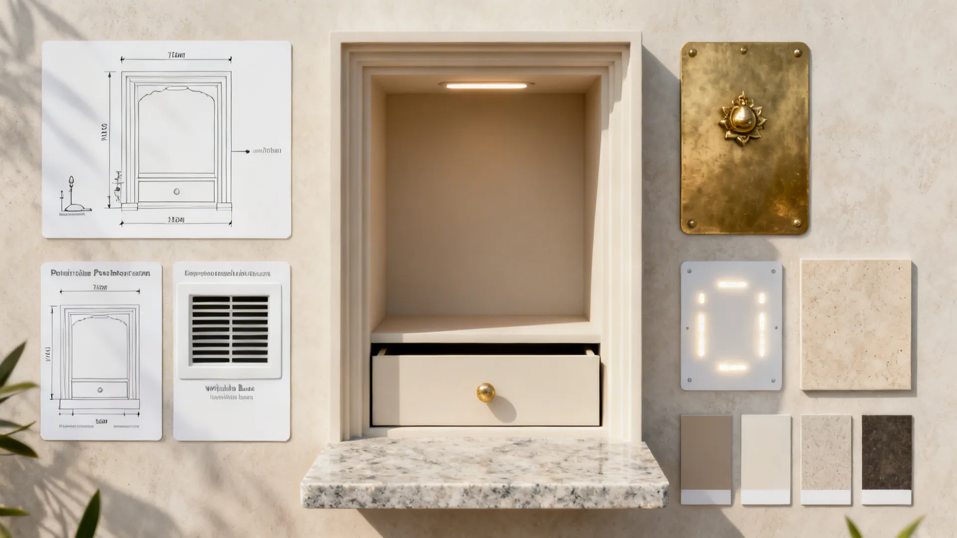 Top-down planning layout for a recessed pooja niche with materials and LED placement.