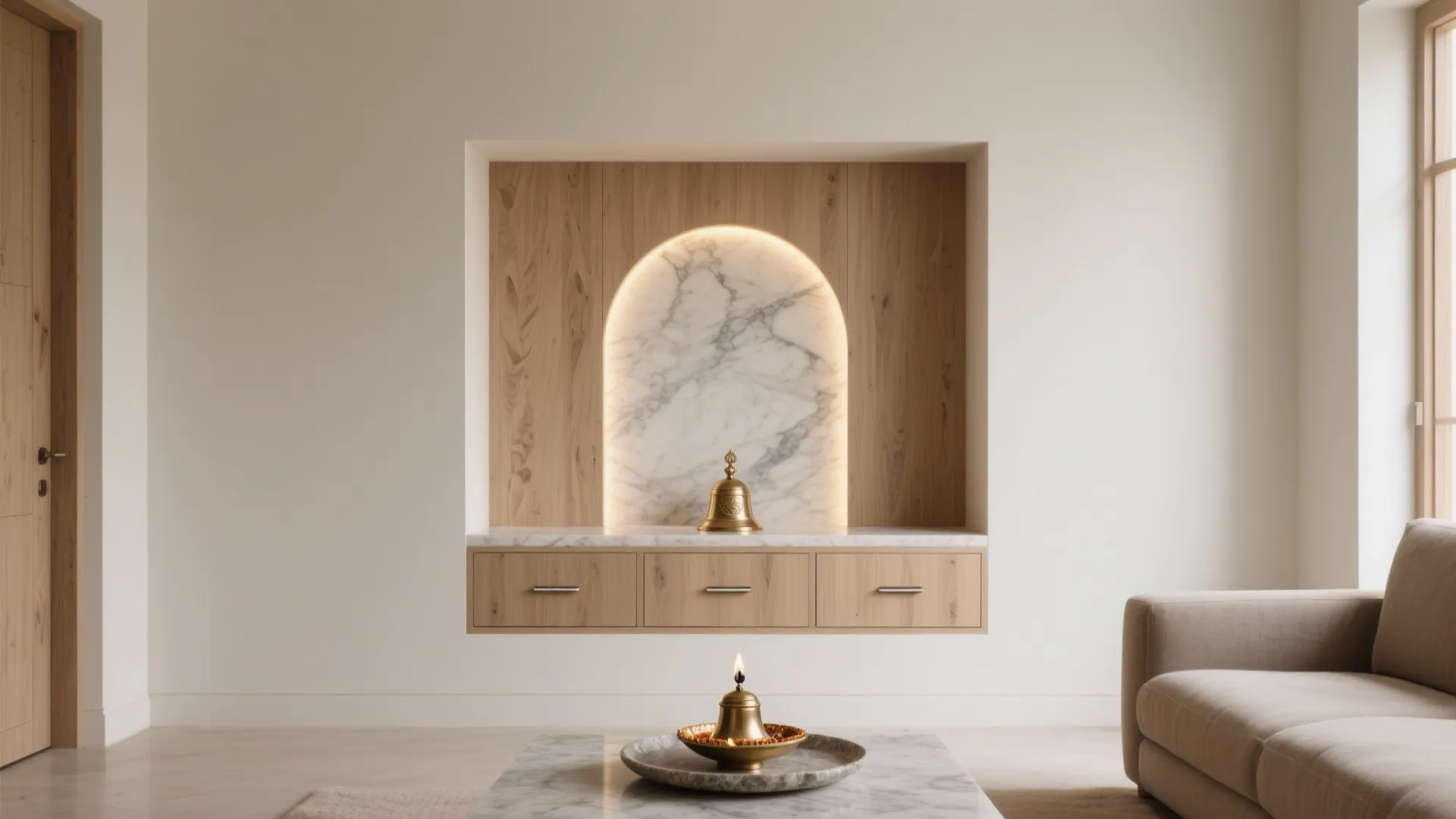 Minimal pooja niche with concealed storage