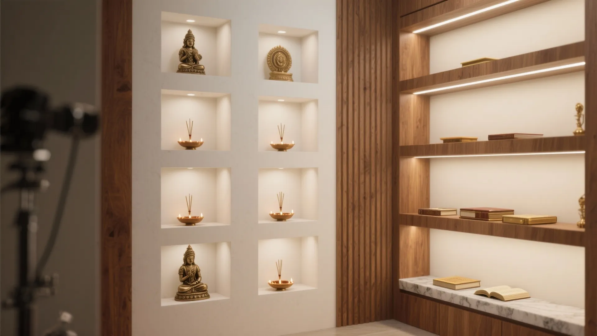 Wall with many square holes for statues and candles next to wooden shelves with warm lights