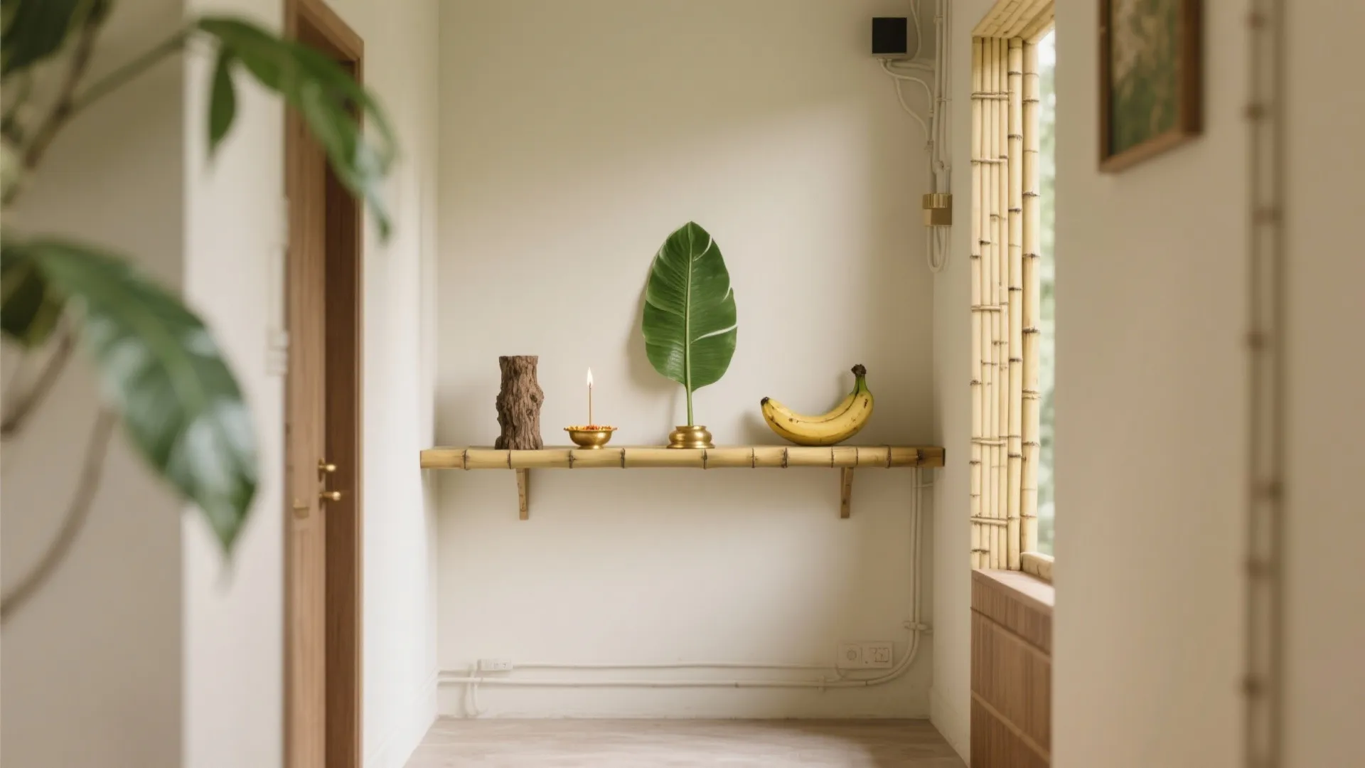 Minimal Pooja Nook with Brass, Bamboo, and Banana